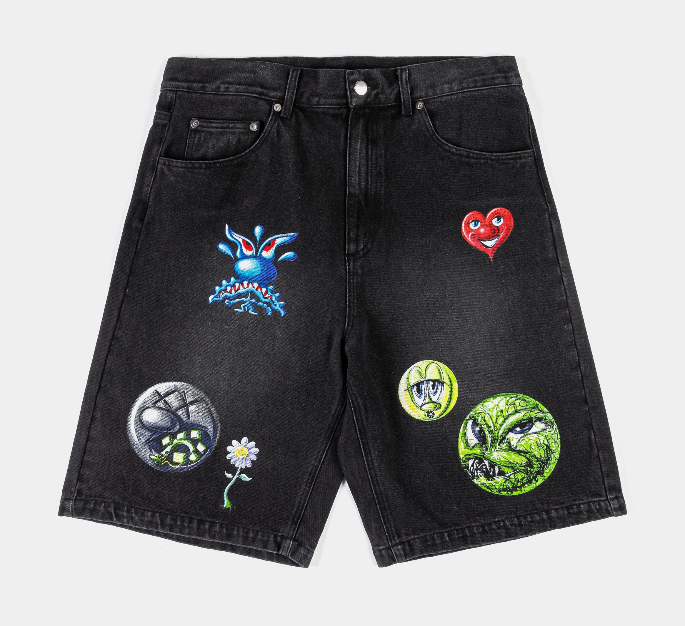 KENNY SCHARF X SP SP x Kenny Scharf All Over Print Washed Denim Mens Shorts (Black/Multicolor)