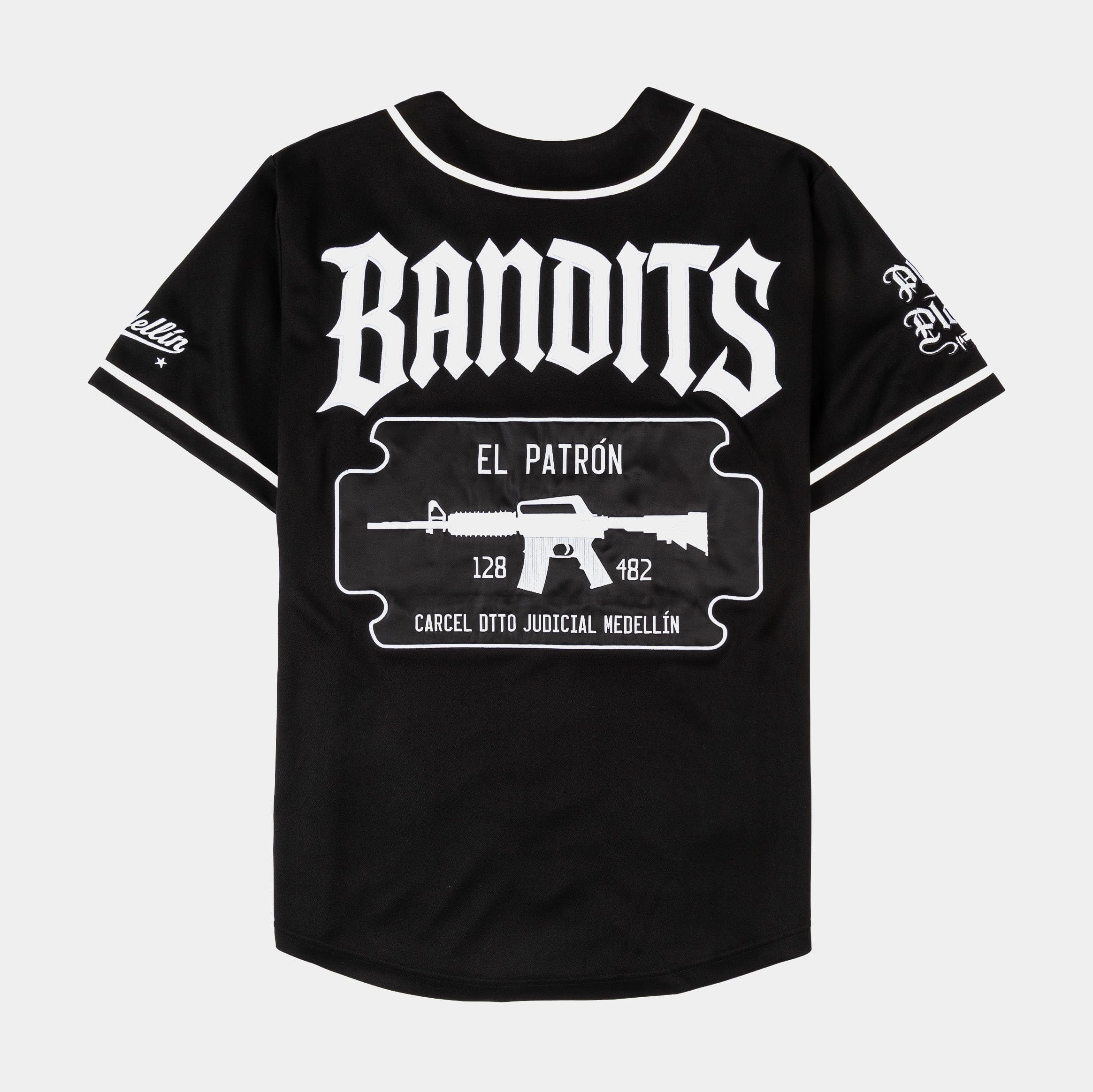 NARCOS X SP SP x Narcos Bandits Baseball Mens Jersey (Black/White)
