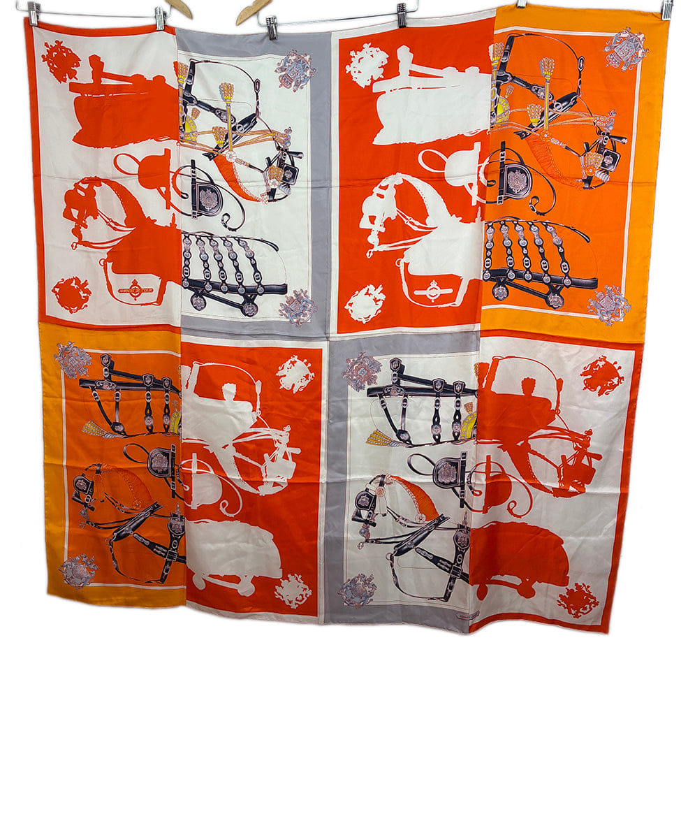Hermes Harnais de Cour en Patch Orange Silk Scarf