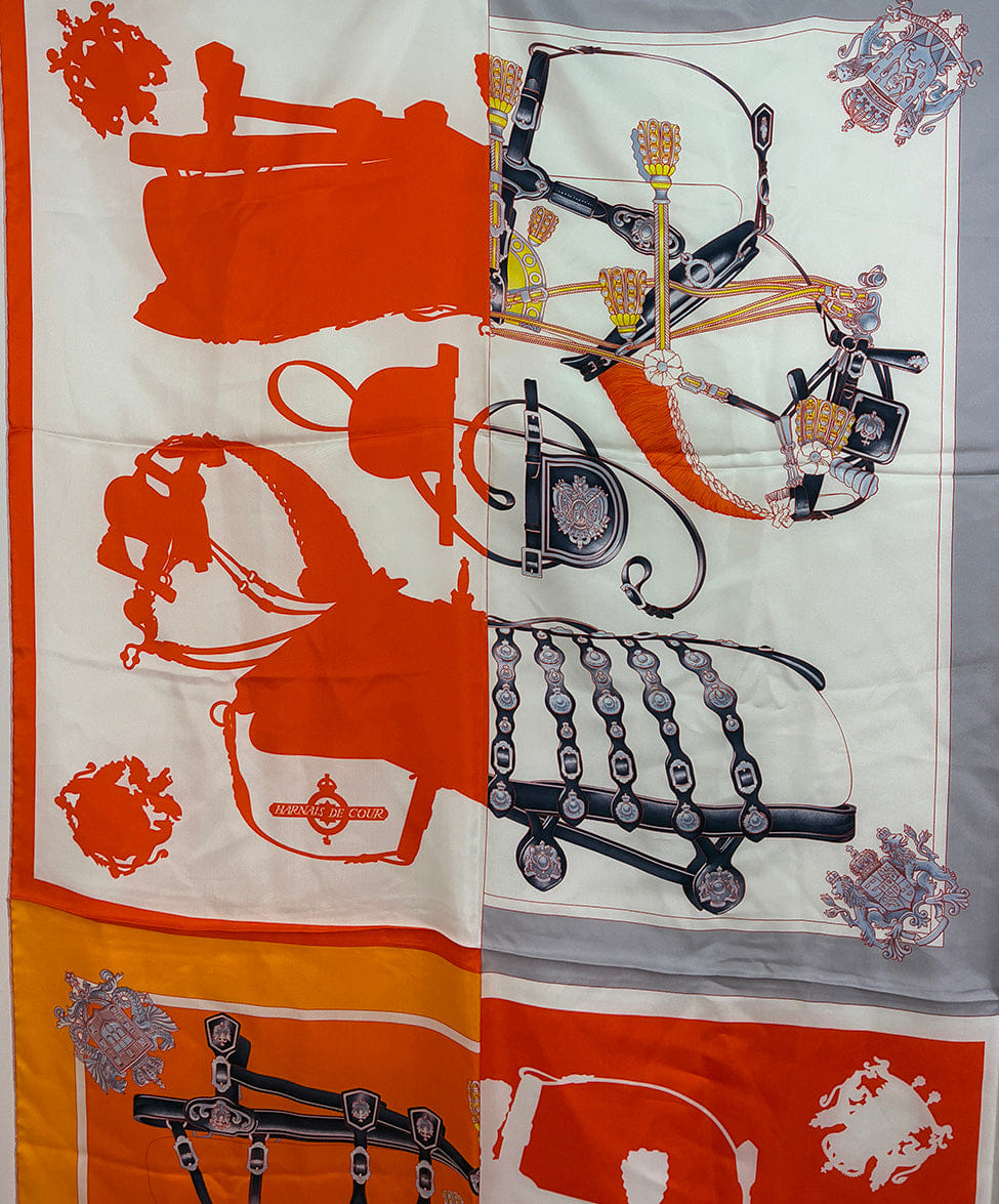 Hermes Harnais de Cour en Patch Orange Silk Scarf
