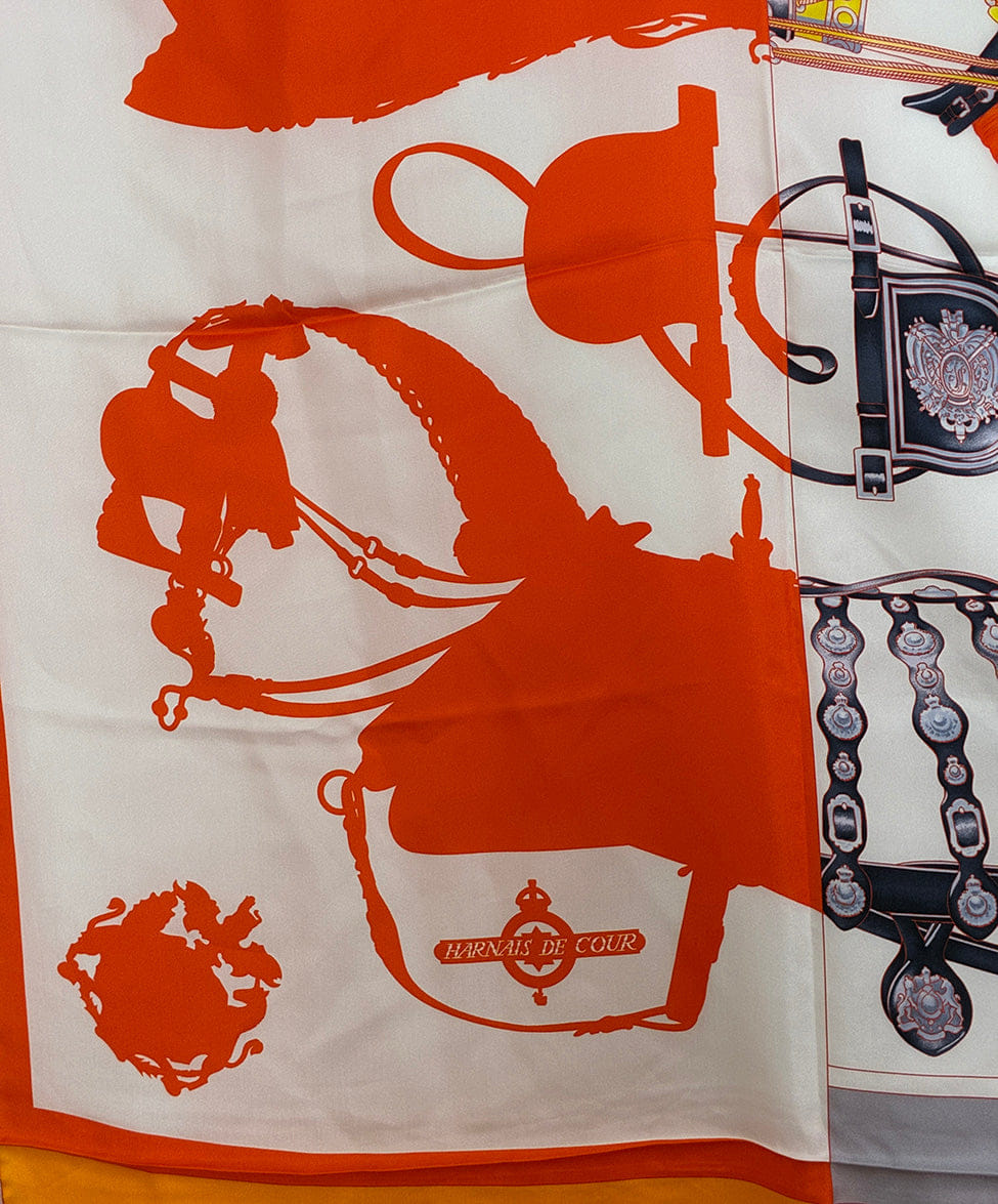 Hermes Harnais de Cour en Patch Orange Silk Scarf