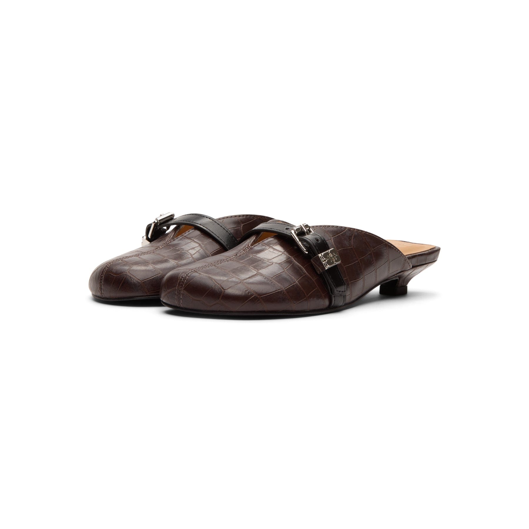 GANNI Sue Heeled Mules Croc Leather (Chocolate Fondant)