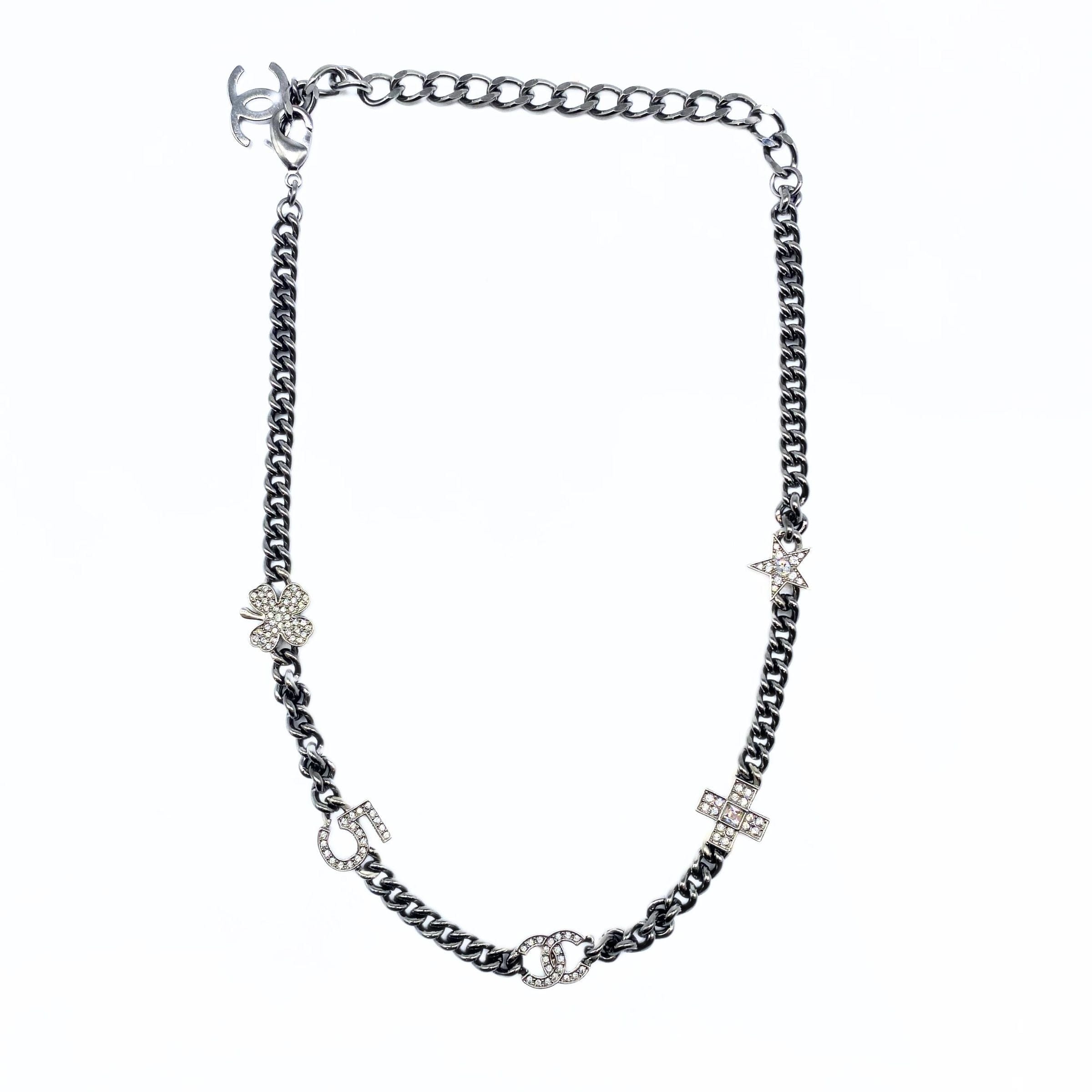 Chanel Silver 5 Motif Crystal Charms Grey Chain Choker Necklace