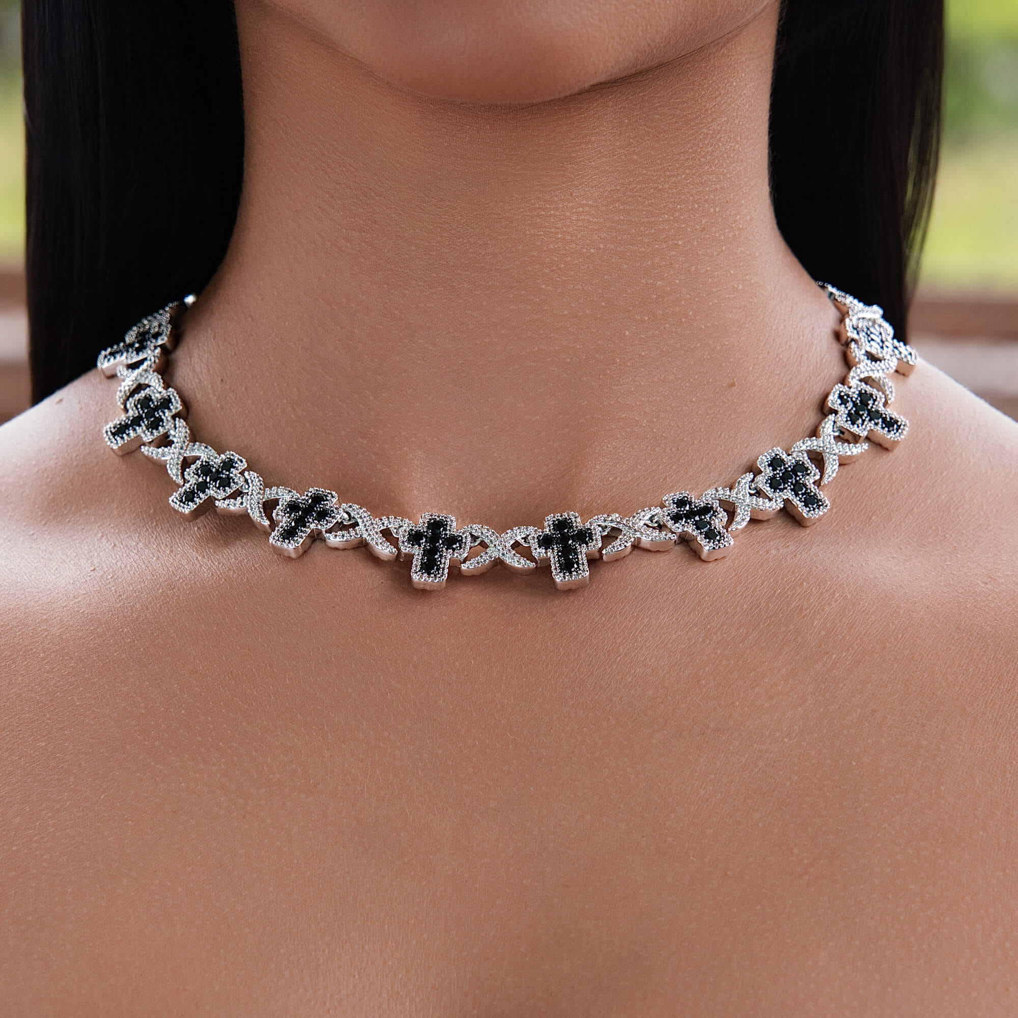 GLD Women Diamond Multi Cross Black Necklace in White Gold