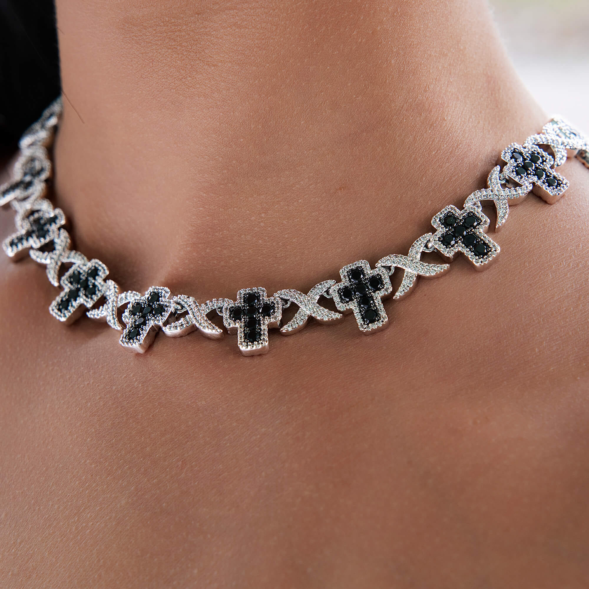 GLD Women Diamond Multi Cross Black Necklace in White Gold