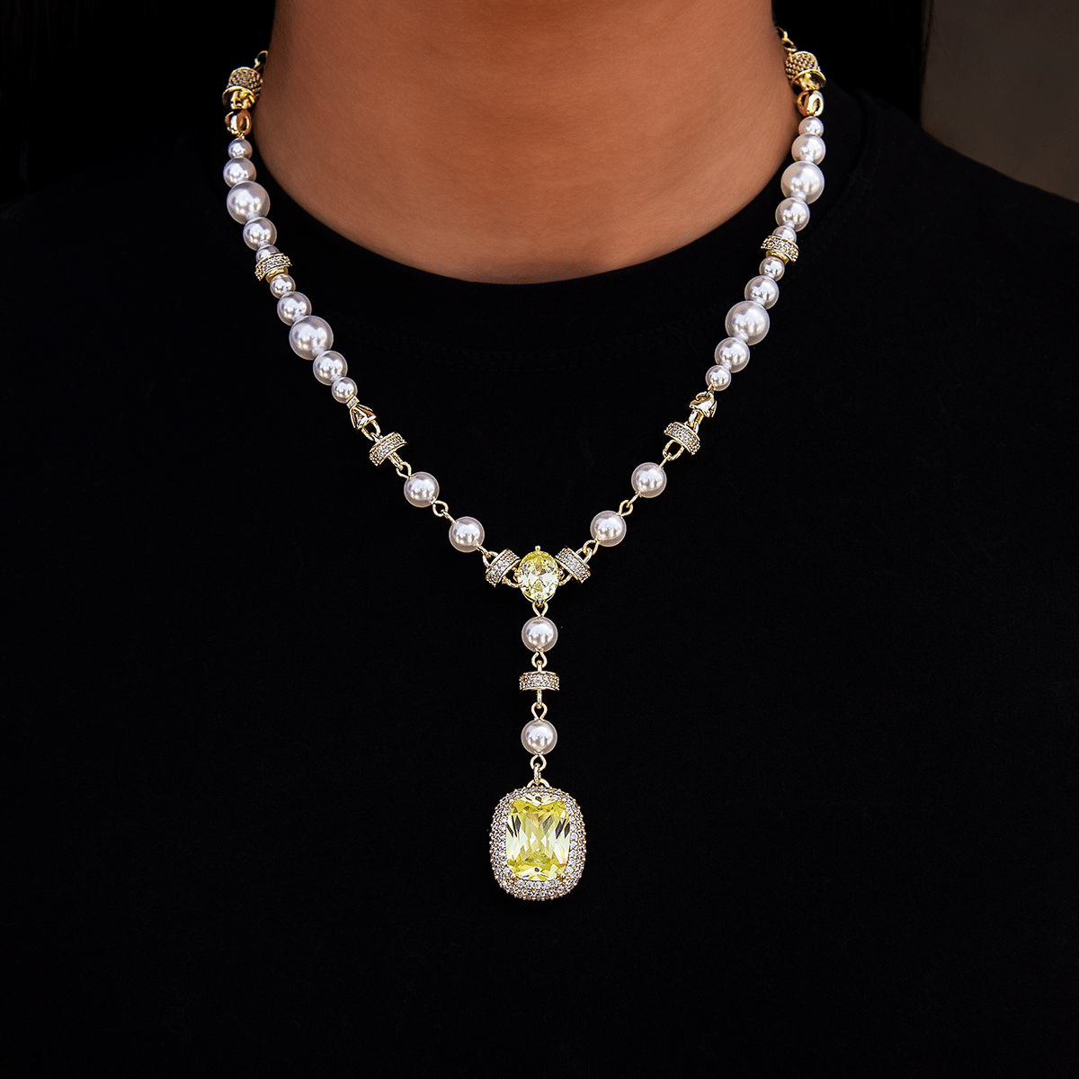 GLD Women Pearl Canary Gemstone Lariat Necklace in Yellow Gold