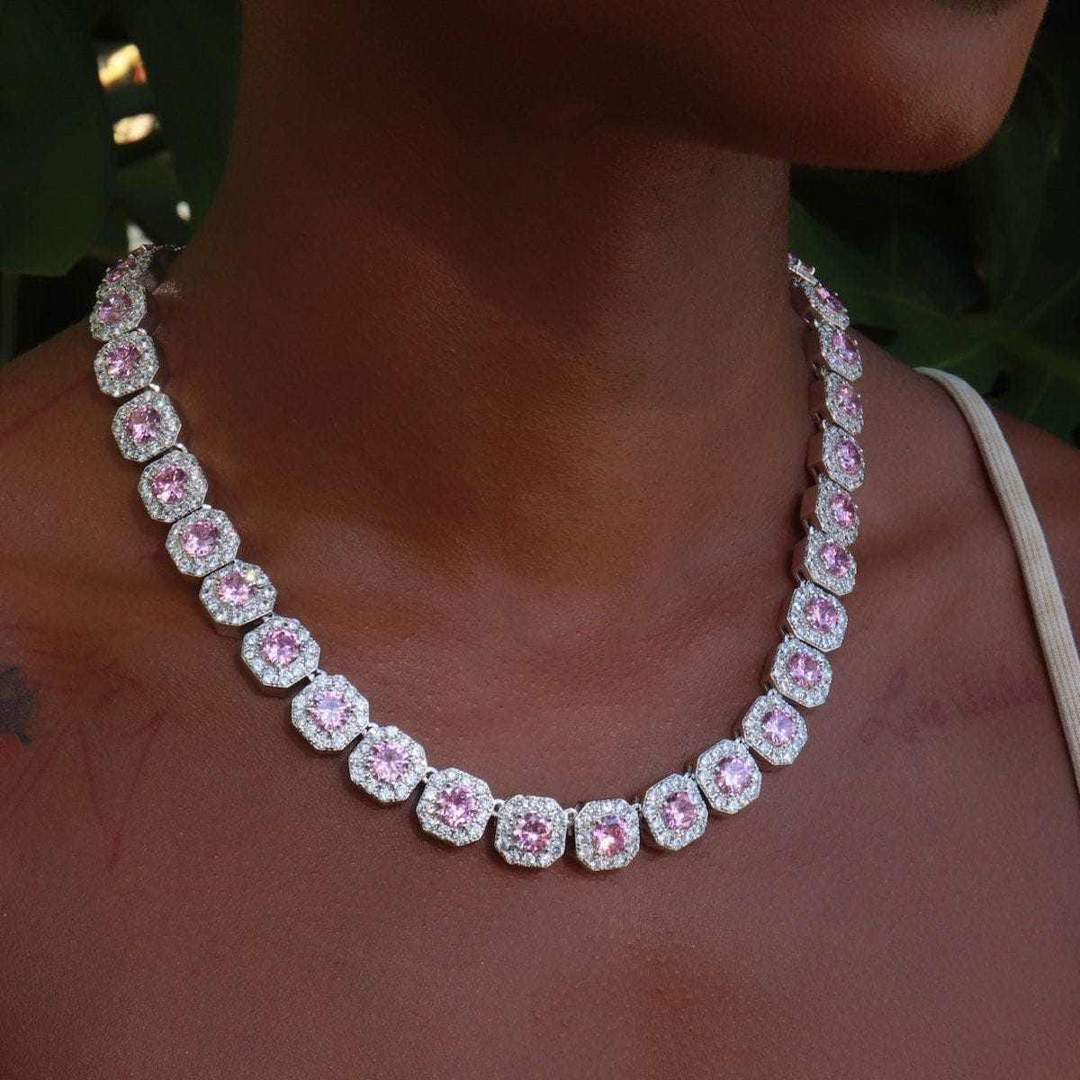 GLD PROMO - WOMEN Clustered Tennis Necklace w/ Pink Stones