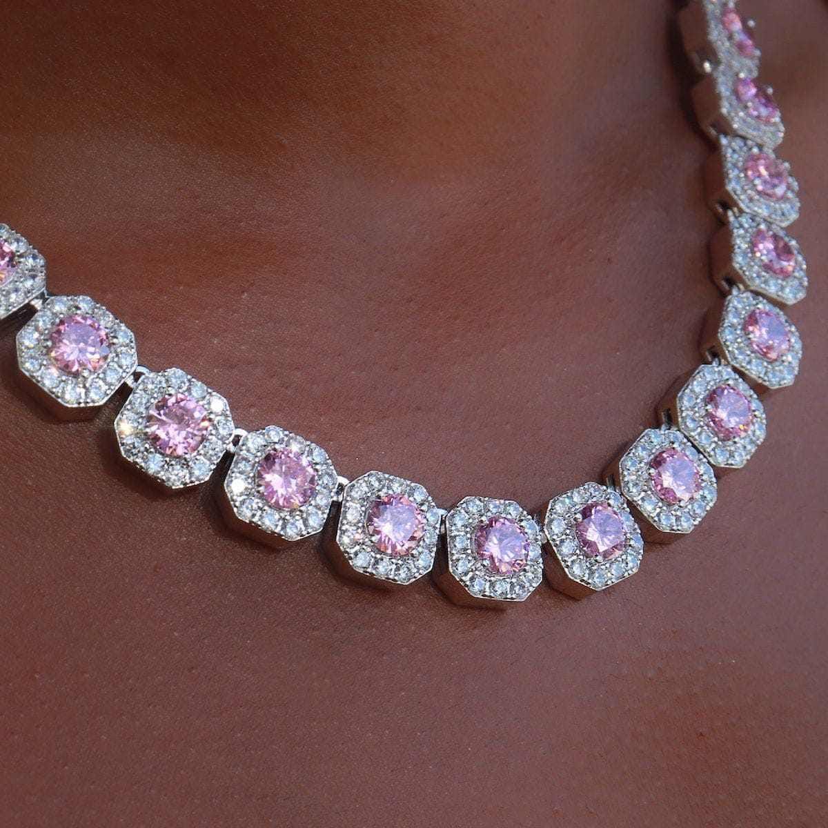 GLD PROMO - WOMEN Clustered Tennis Necklace w/ Pink Stones