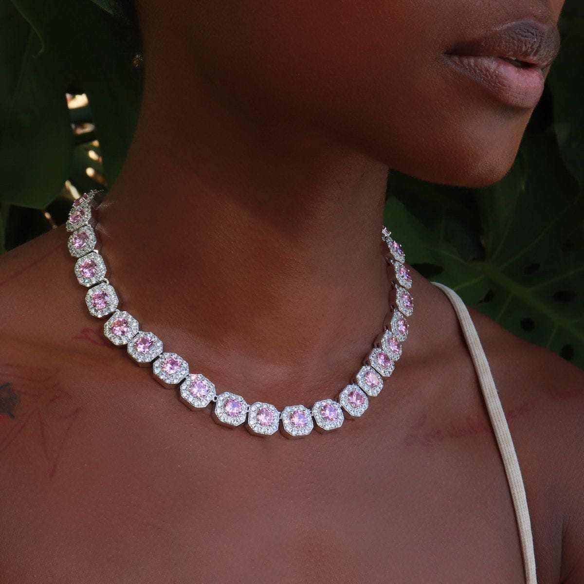 GLD PROMO - WOMEN Clustered Tennis Necklace w/ Pink Stones