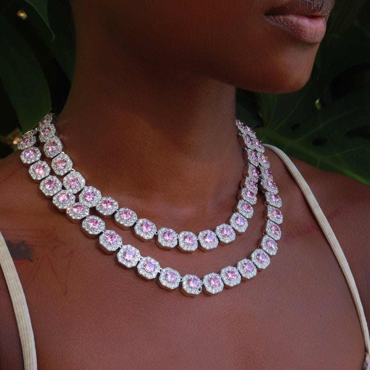 GLD PROMO - WOMEN Clustered Tennis Necklace w/ Pink Stones