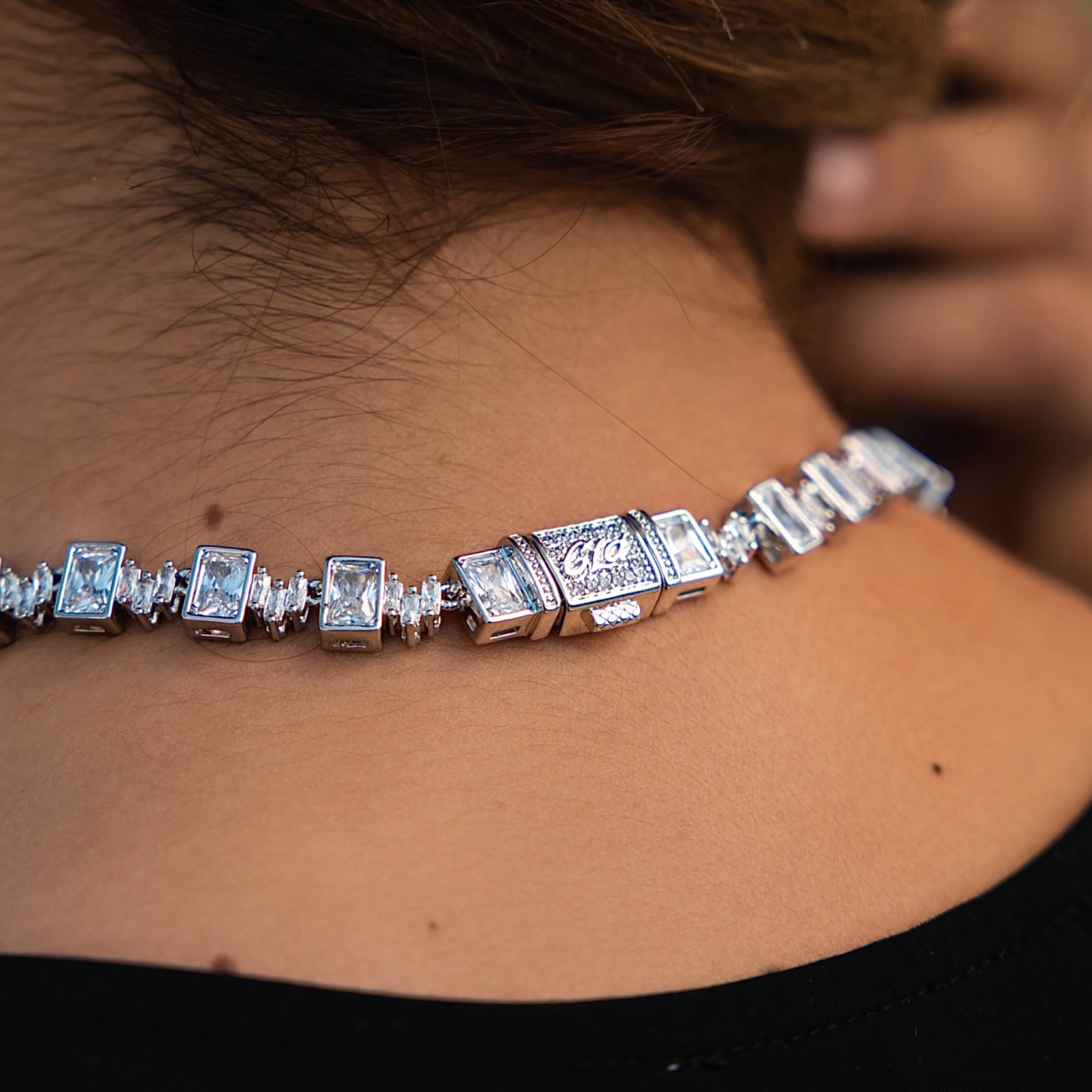 GLD Women Diamond Square Cut Tennis Chain Necklace in White Gold