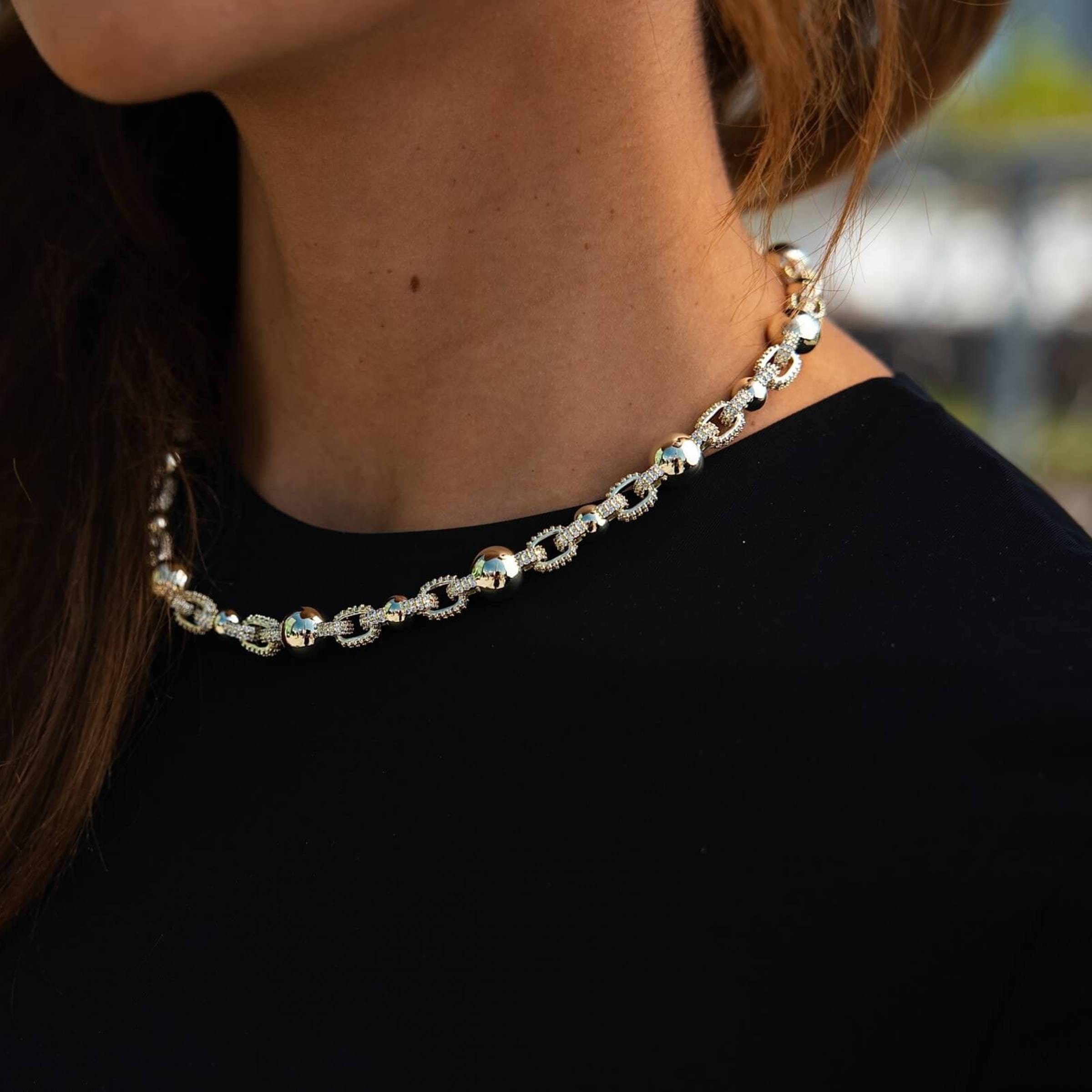 GLD Women Iced Plain Multi Size Ball Chain Necklace in Yellow Gold