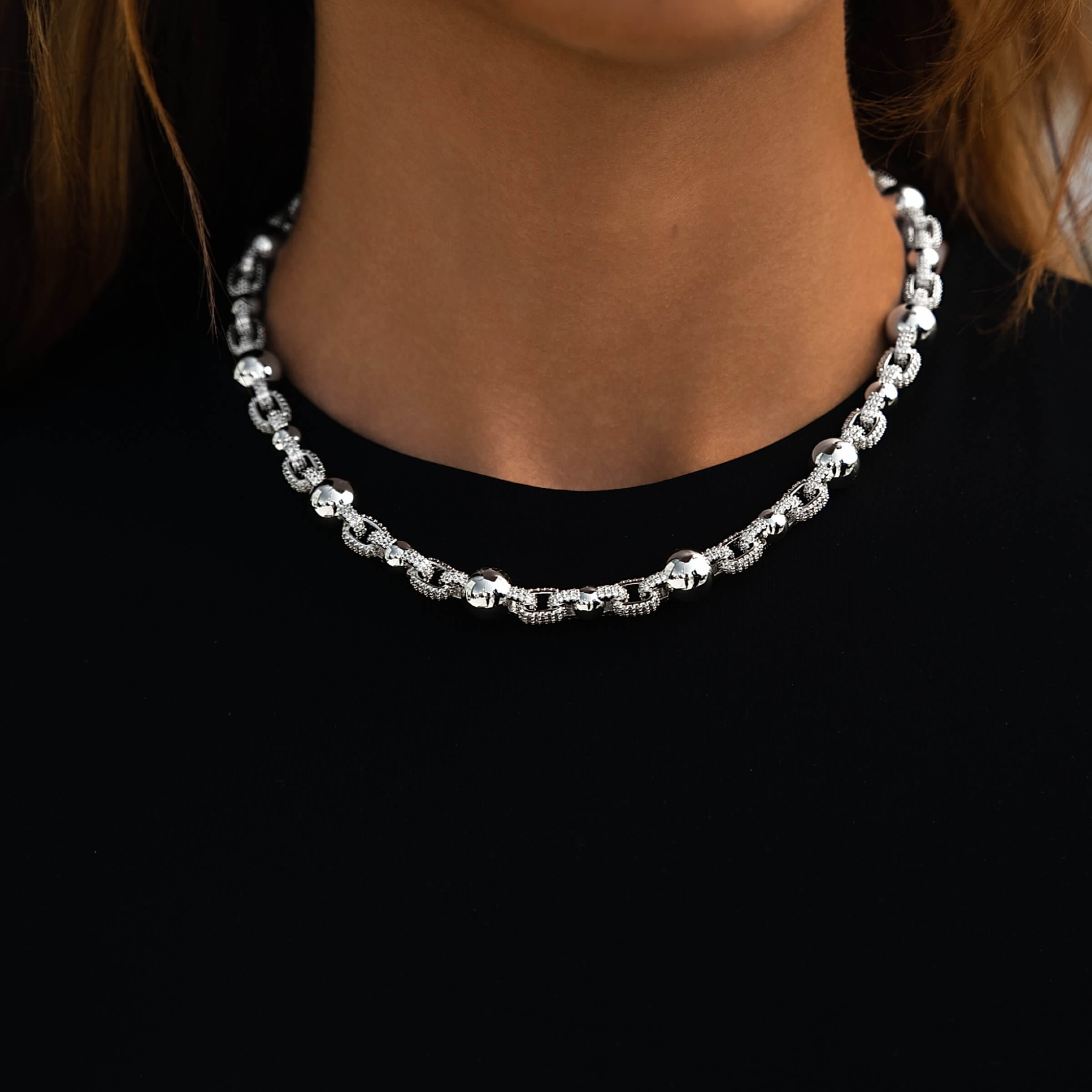GLD Women Iced Plain Multi Size Ball Chain Necklace in White Gold