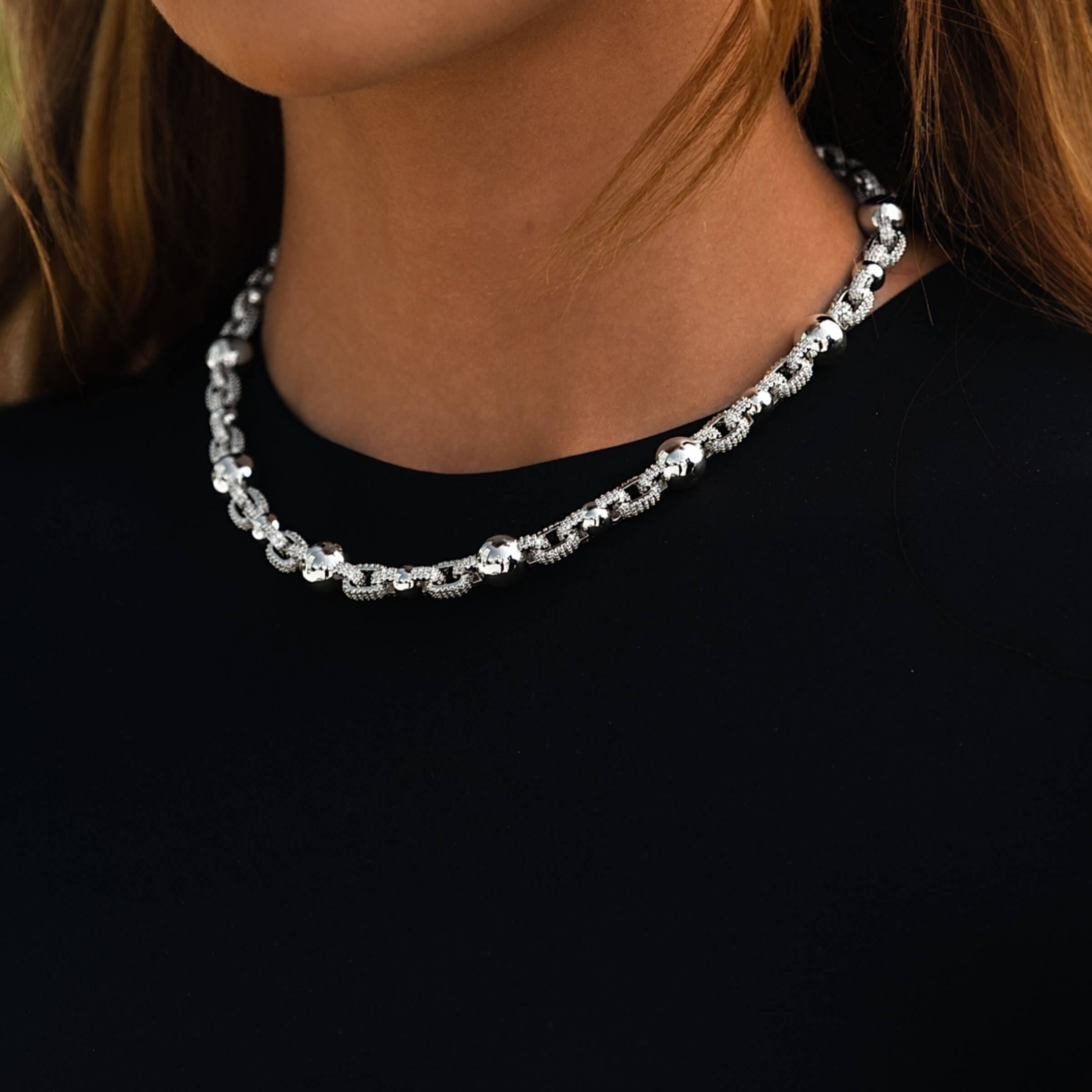 GLD Women Iced Plain Multi Size Ball Chain Necklace in White Gold