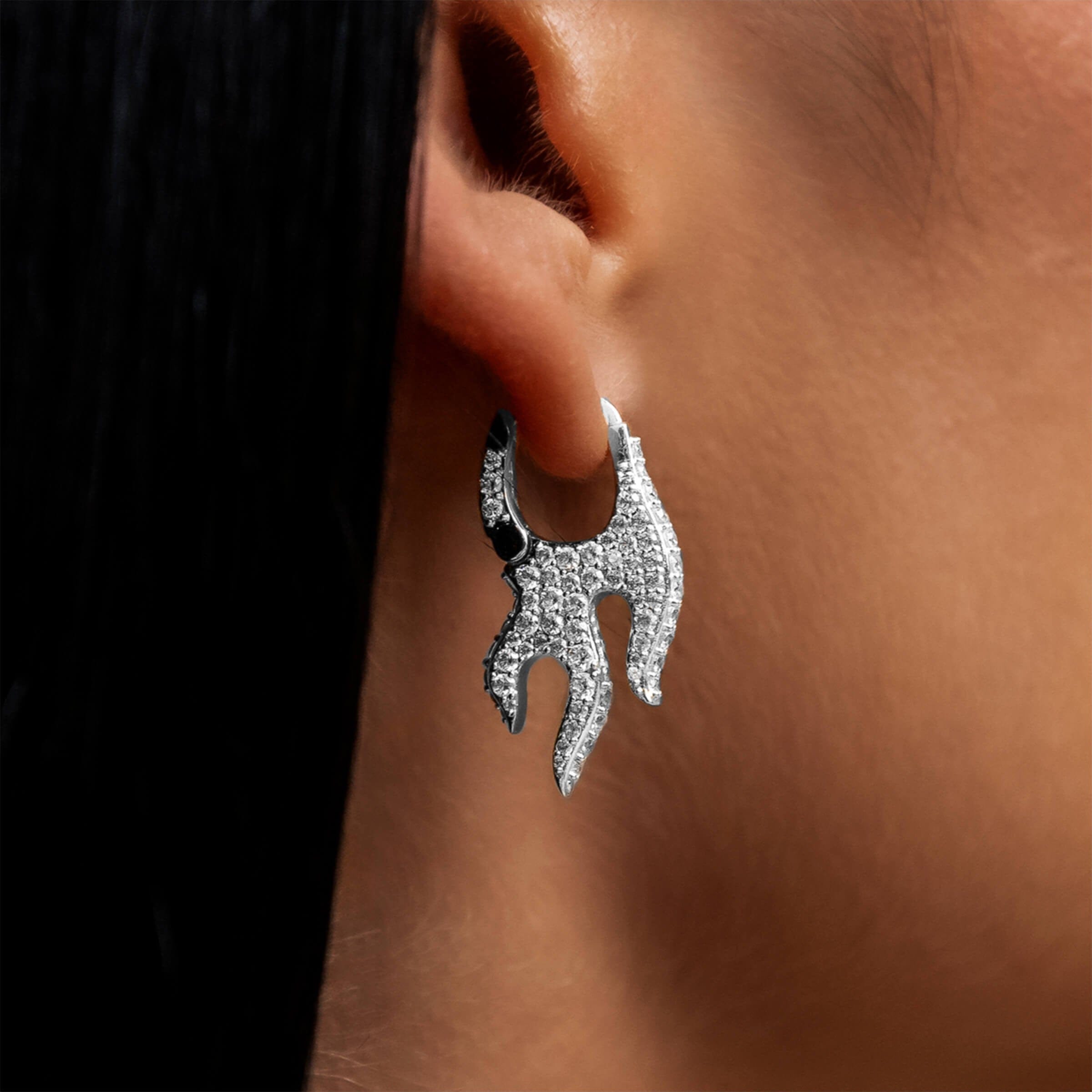 GLD Women Diamond Flame Hoop Earrings in White Gold