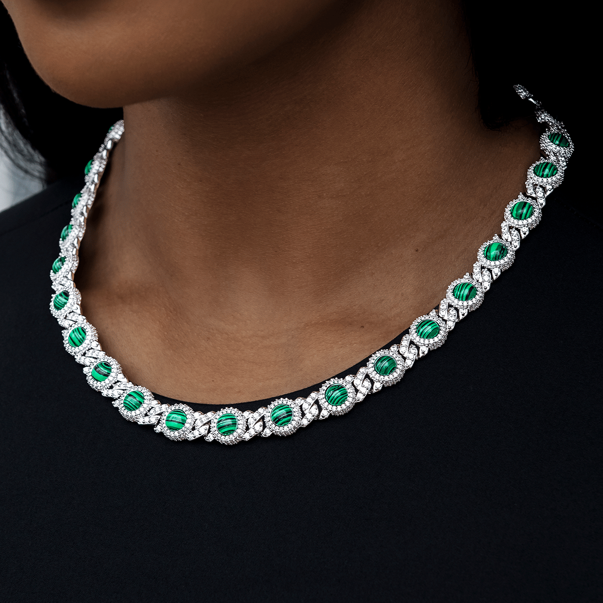 GLD PROMO - WOMEN 10mm Iced Halo Cuban Necklace with Malachite in White Gold