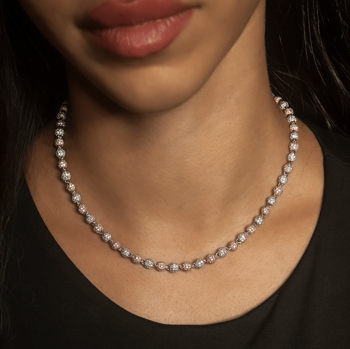 GLD PROMO - WOMEN Iced Ball Necklace in Rose/White Gold- 4mm