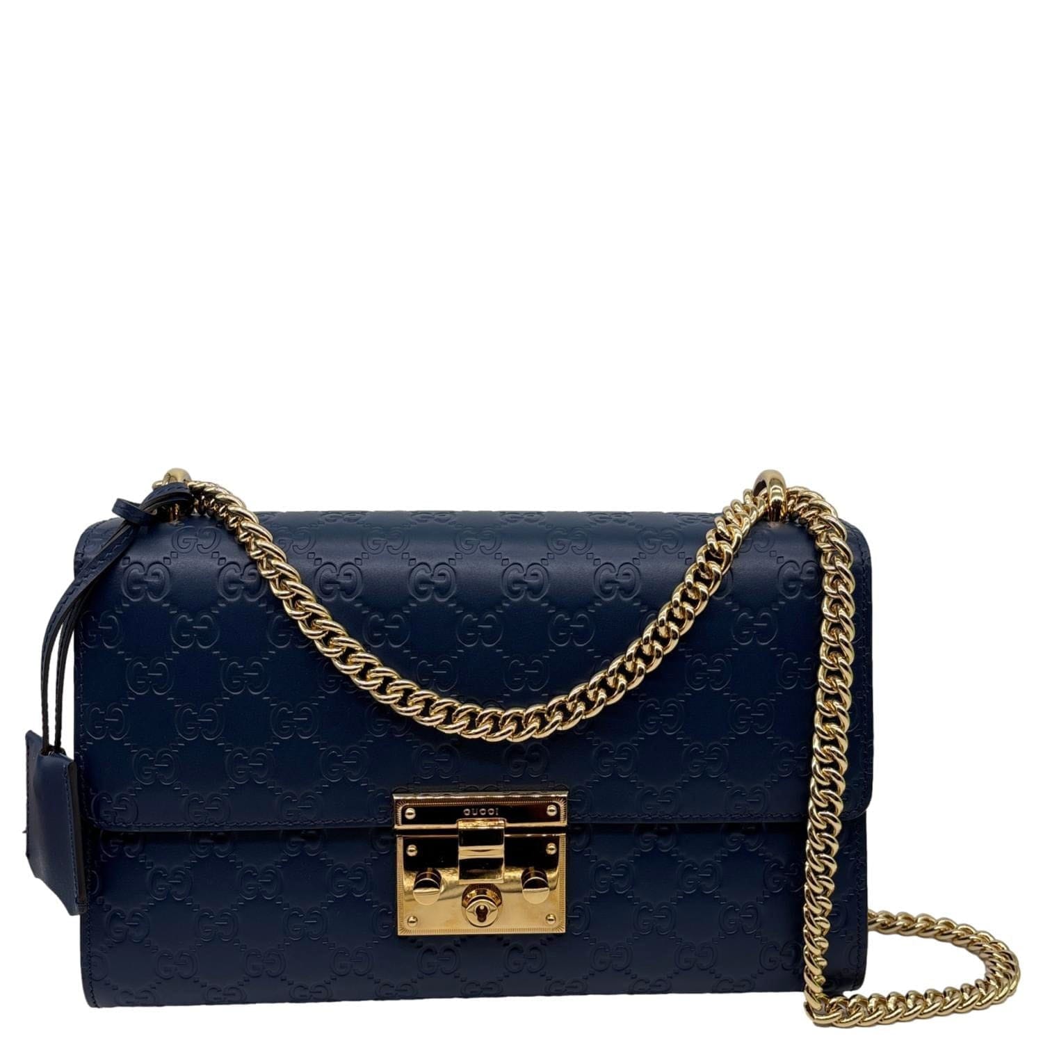 GUCCI Padlock Medium GG Leather Chain Shoulder Bag Navy Blue 409486