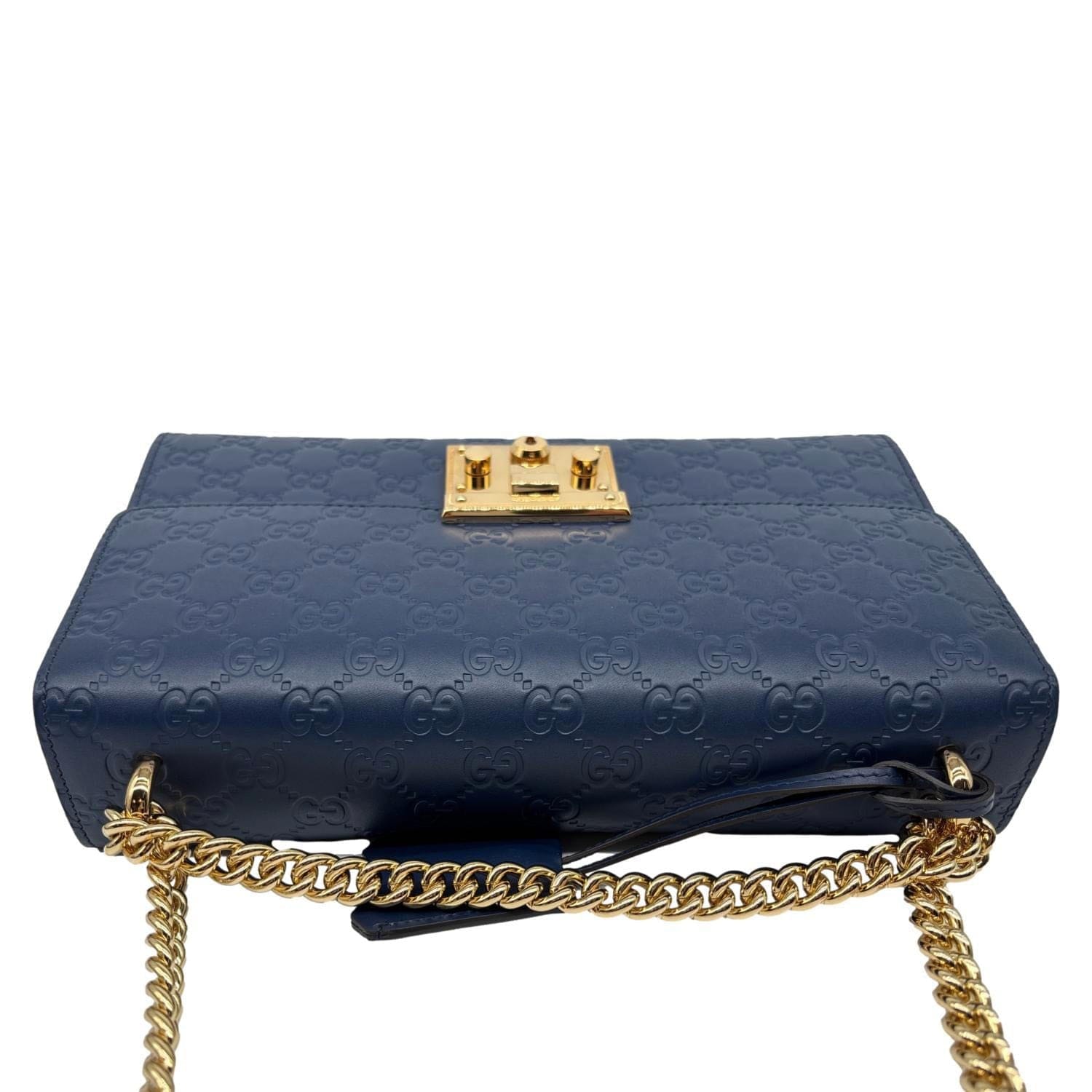 GUCCI Padlock Medium GG Leather Chain Shoulder Bag Navy Blue 409486