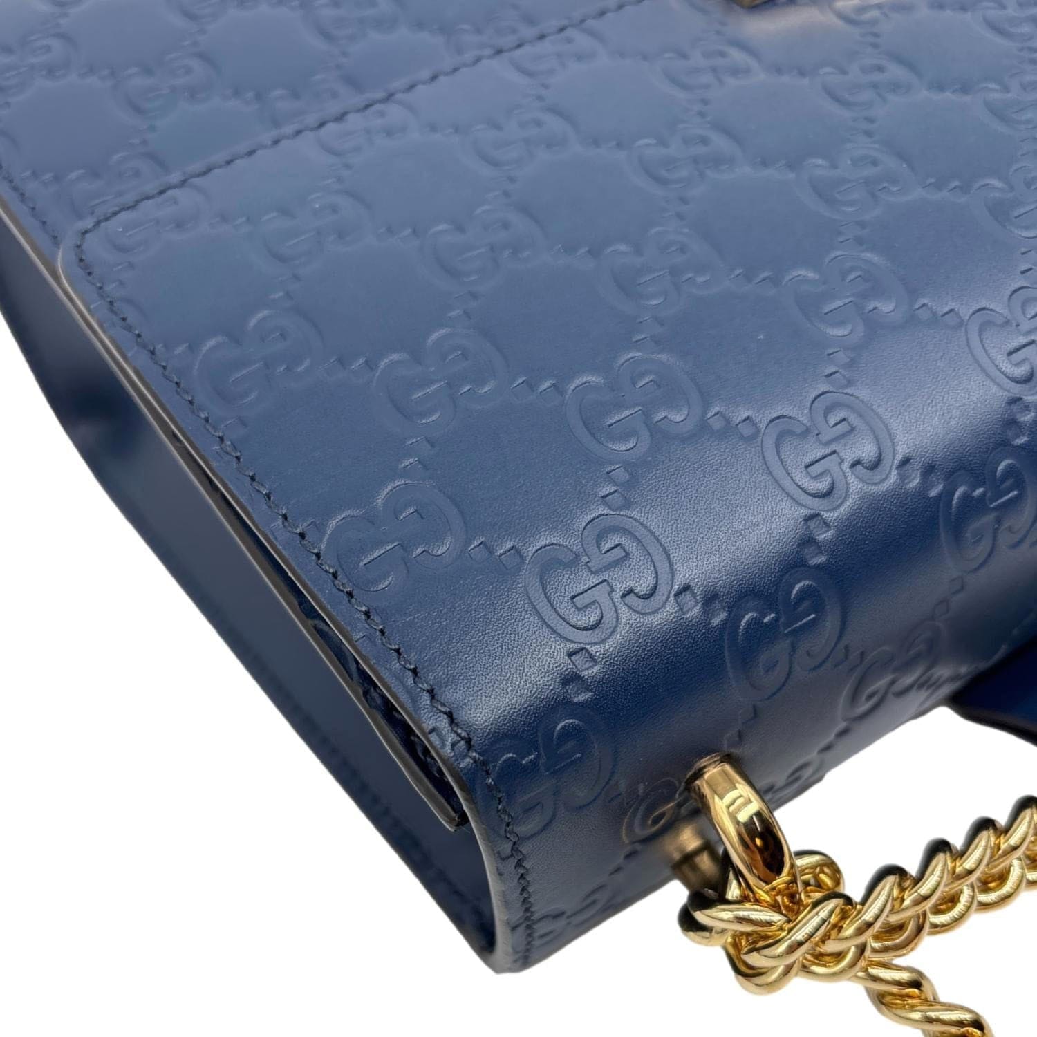 GUCCI Padlock Medium GG Leather Chain Shoulder Bag Navy Blue 409486