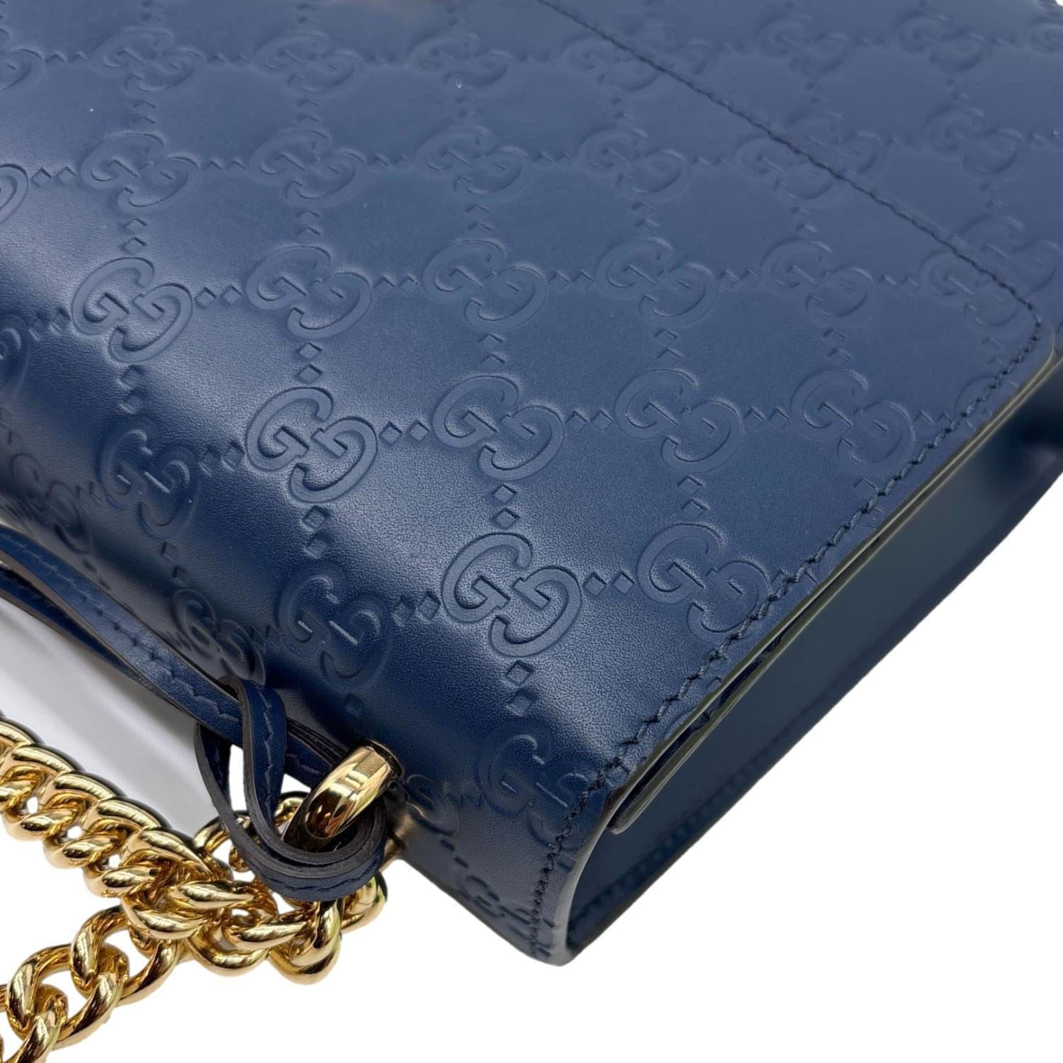 GUCCI Padlock Medium GG Leather Chain Shoulder Bag Navy Blue 409486