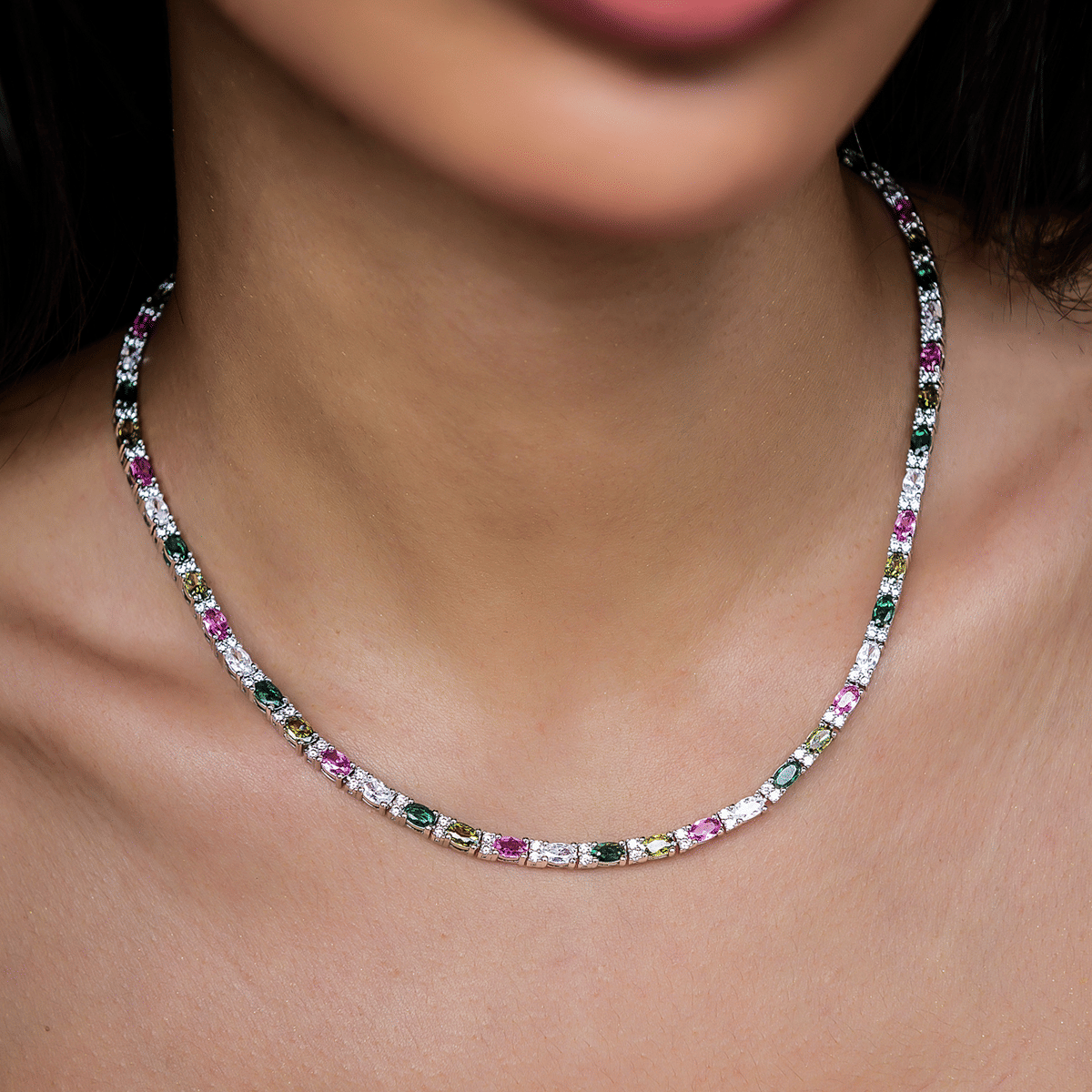 GLD PROMO - WOMEN Multicolor Mixed Oval Cut Tennis Necklace- 3mm