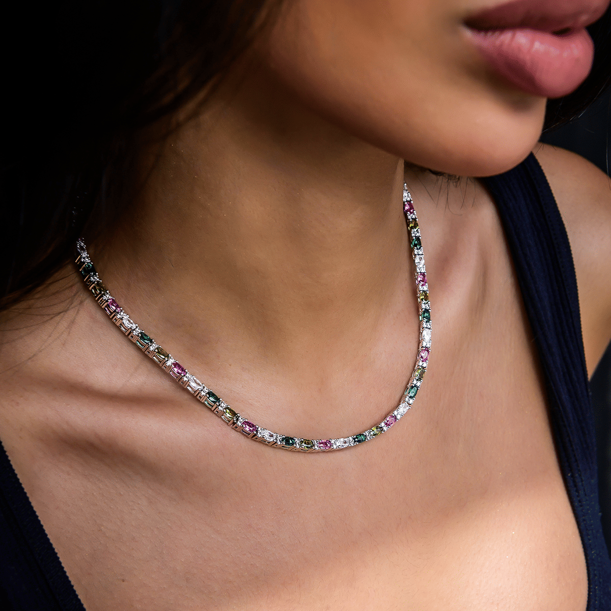 GLD PROMO - WOMEN Multicolor Mixed Oval Cut Tennis Necklace- 3mm