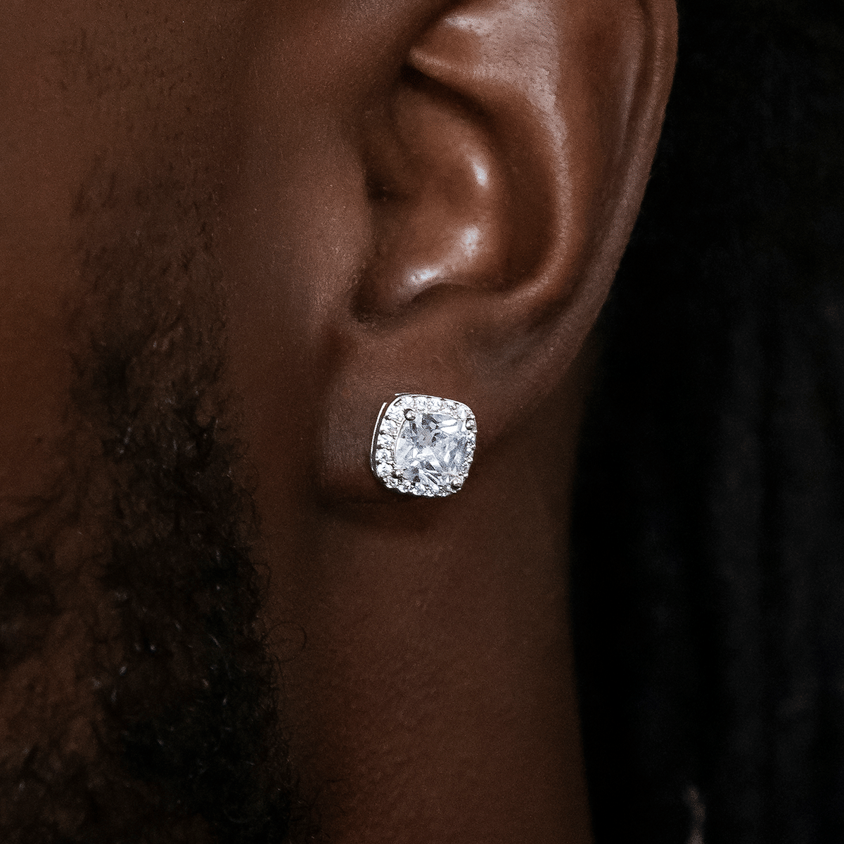 GLD Men 10mm Cushion Cut Earrings in White Gold