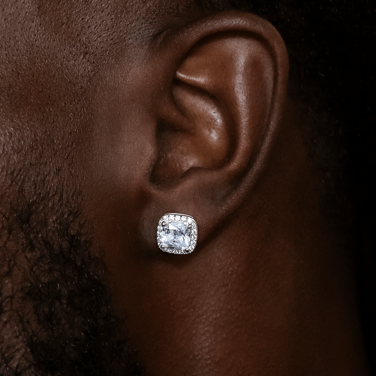 GLD Men 10mm Cushion Cut Earrings in White Gold
