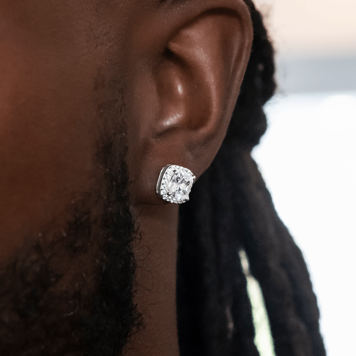 GLD Men 10mm Cushion Cut Earrings in White Gold