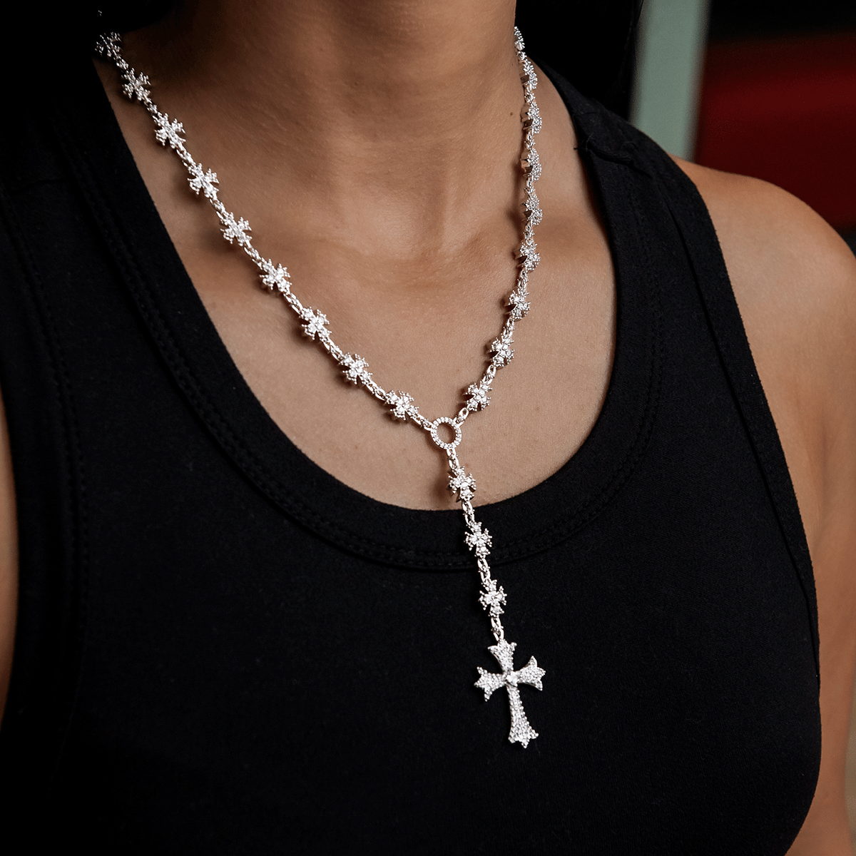 GLD Women Flared Cross Rosary Necklace