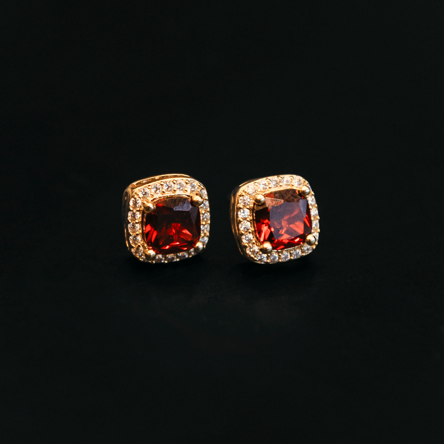 GLD Men Ruby Cushion Cut Earrings in Yellow Gold
