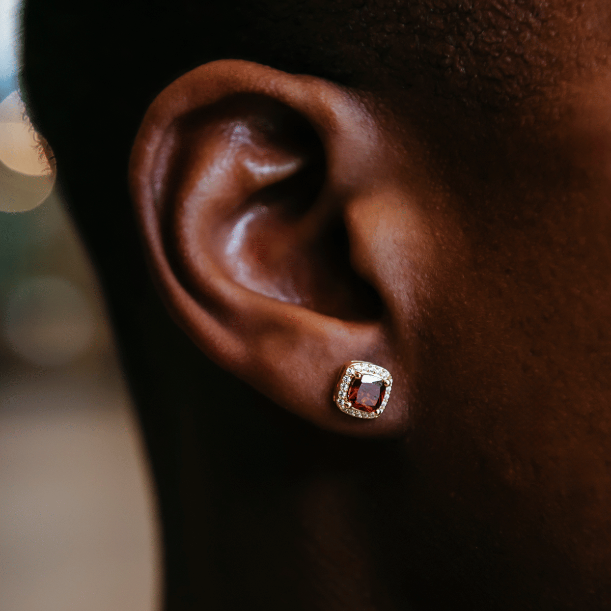 GLD Men Ruby Cushion Cut Earrings in Yellow Gold