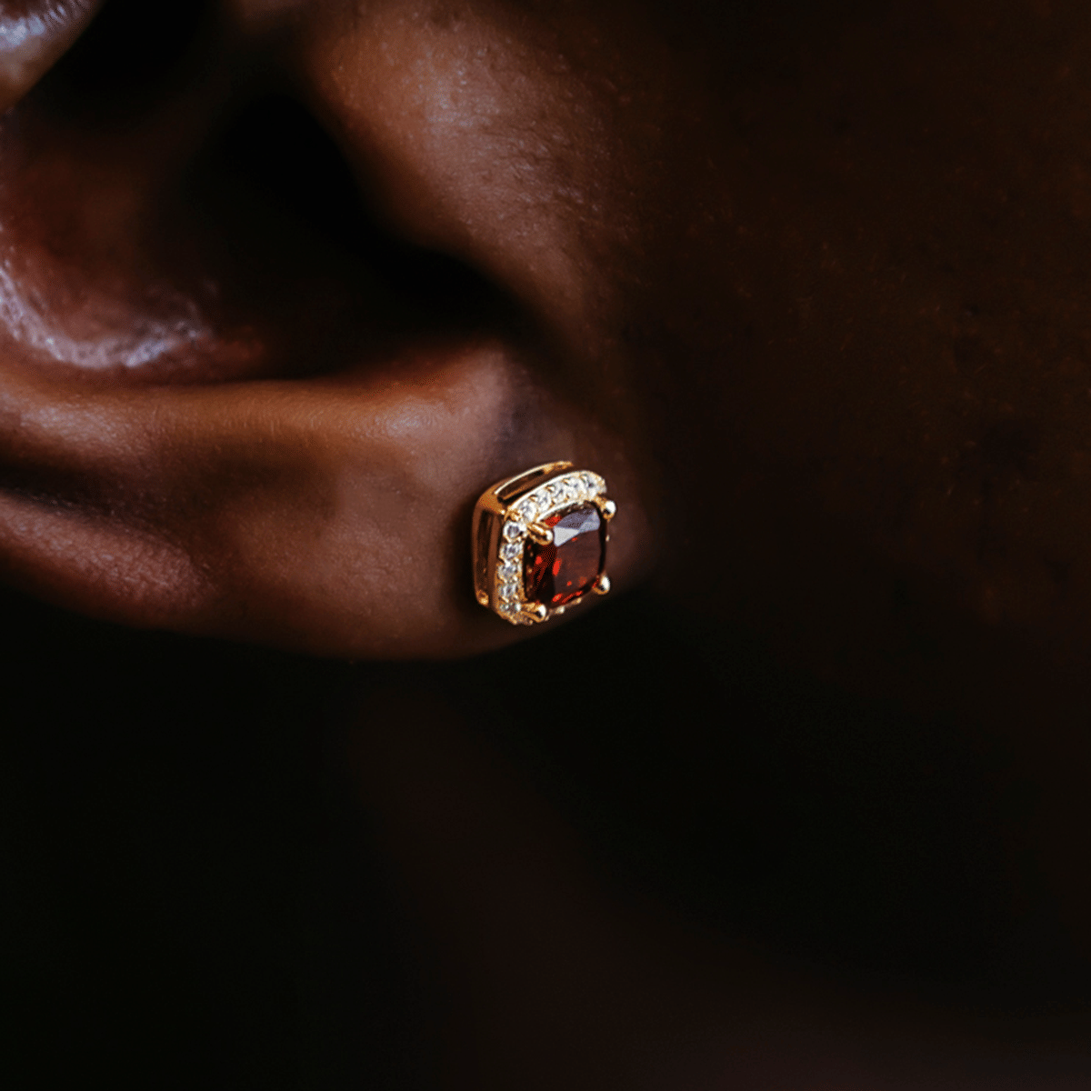 GLD Men Ruby Cushion Cut Earrings in Yellow Gold