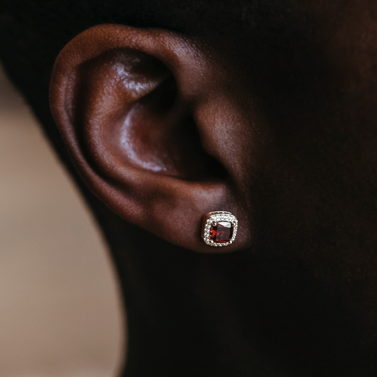 GLD Men Ruby Cushion Cut Earrings in Yellow Gold