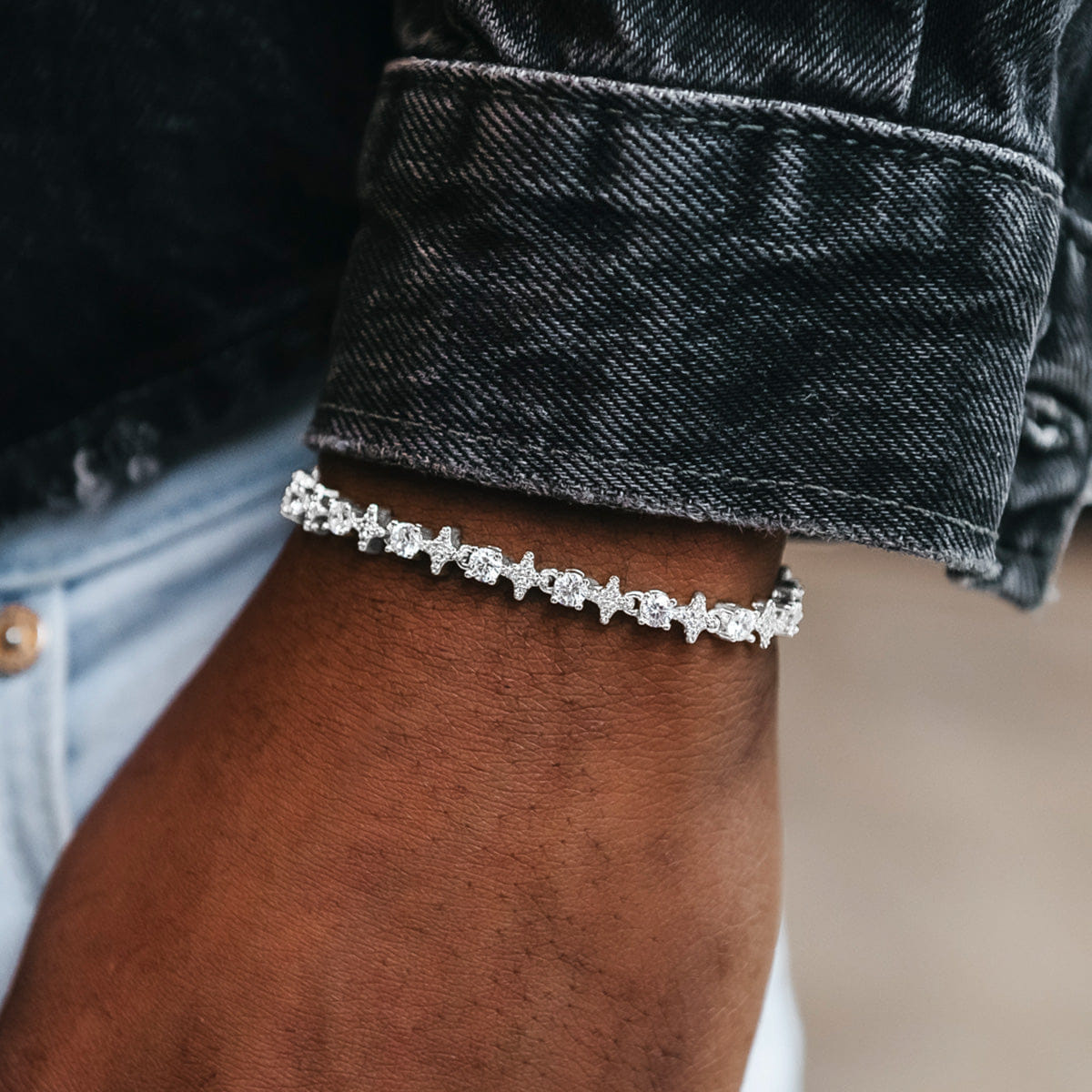 GLD Men Round Stone Star Tennis Bracelet in White Gold
