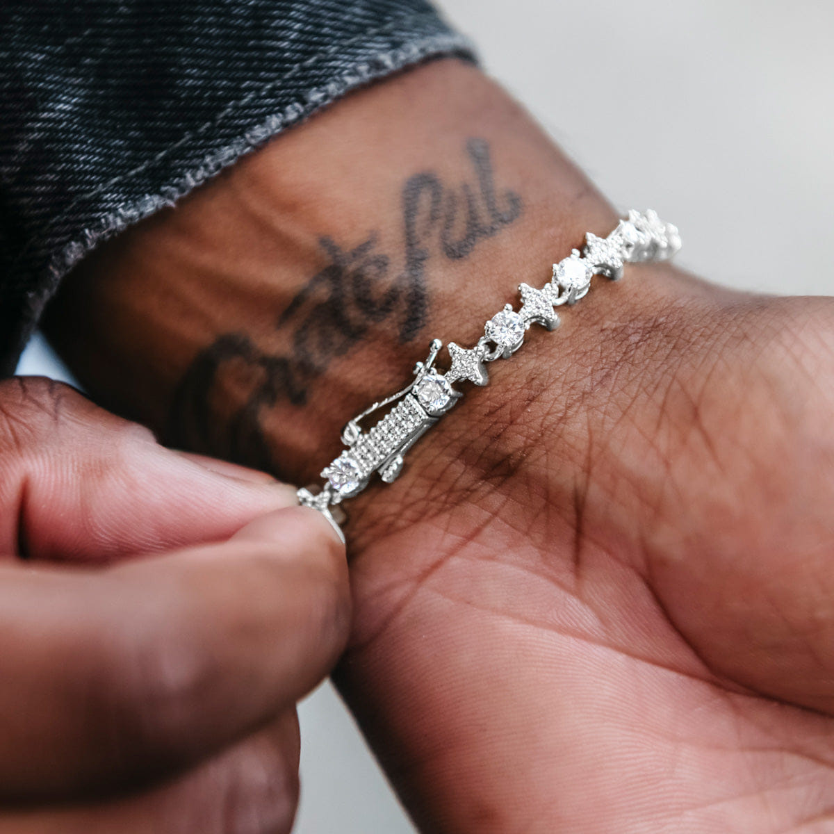 GLD Men Round Stone Star Tennis Bracelet in White Gold
