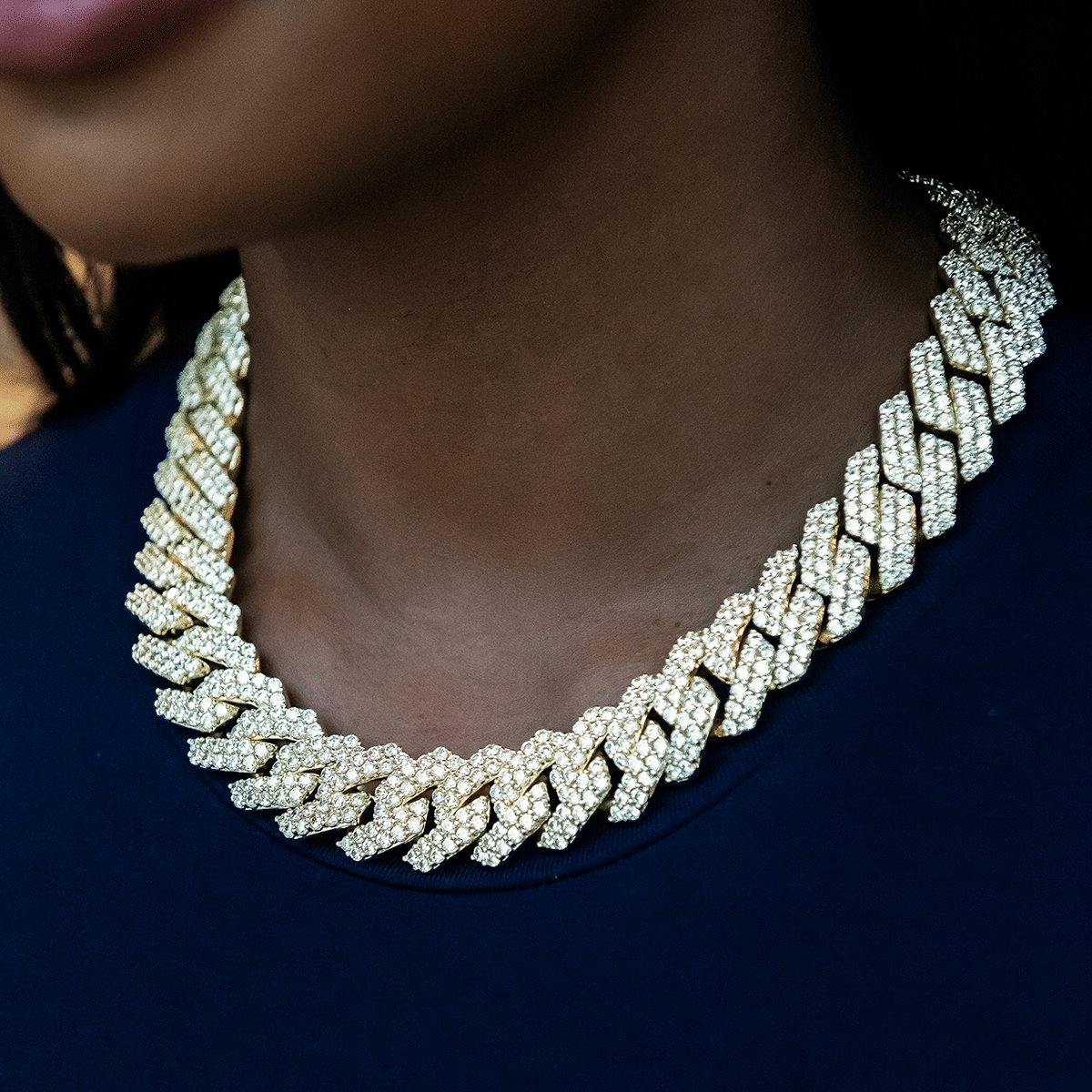 GLD Women Diamond Prong Cuban Necklace in Yellow Gold- 19mm