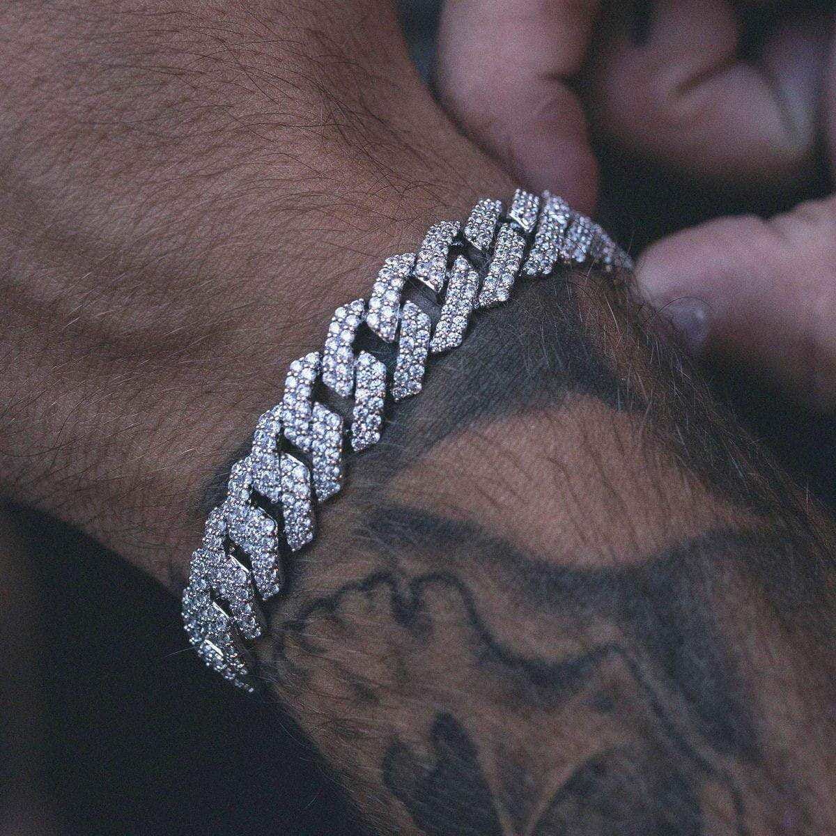 GLD Men Diamond Prong Link Bracelet in White Gold - 12mm