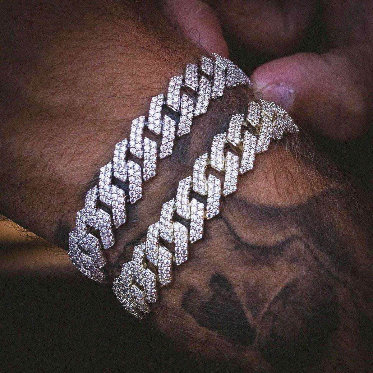 GLD Men Diamond Prong Link Bracelet in White Gold - 12mm