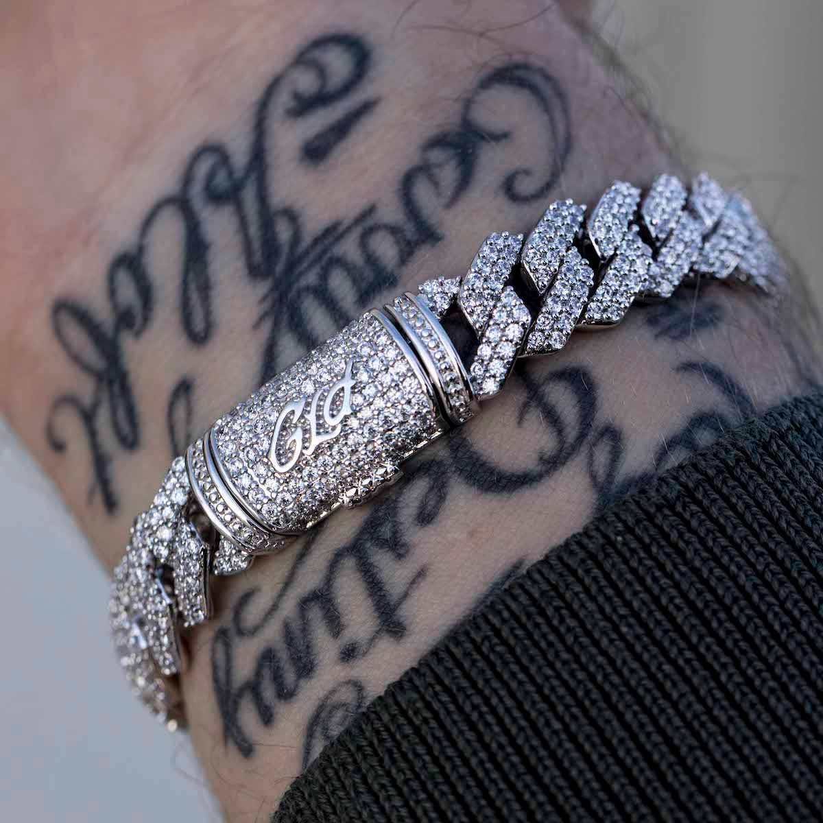 GLD Men Diamond Prong Link Bracelet in White Gold - 12mm