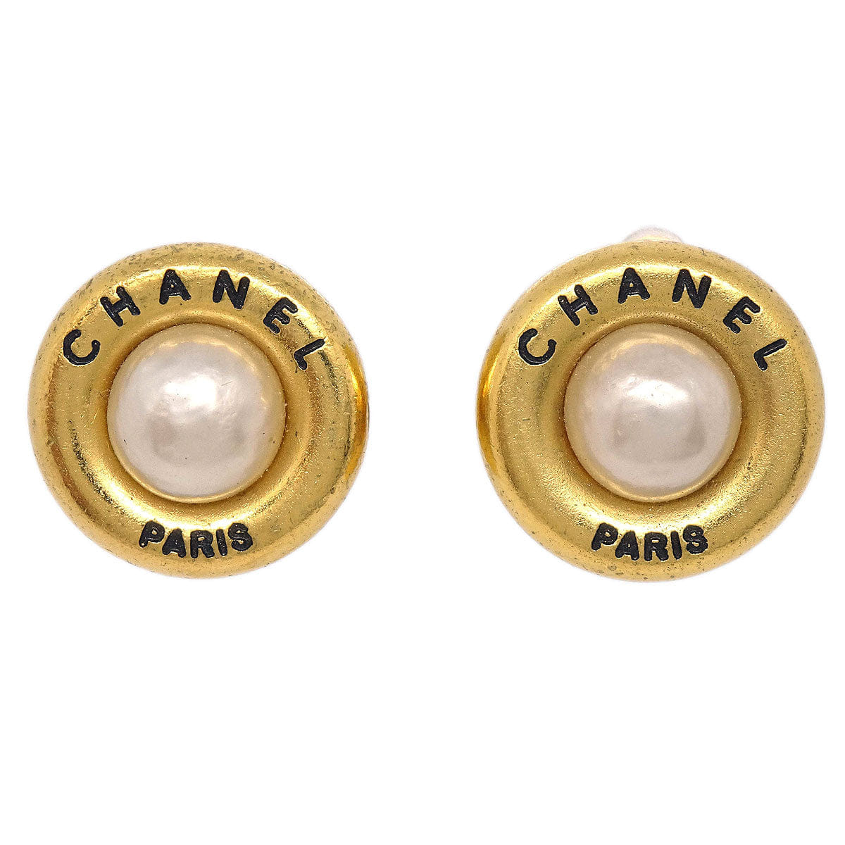 Chanel Costume Pearl Button Clip-On Earrings Gold 94P