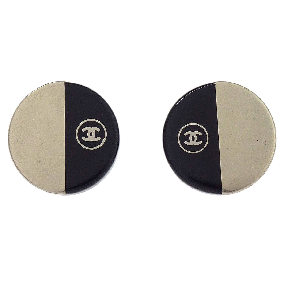 Chanel Button Clip-On Earrings Silver Black 00A