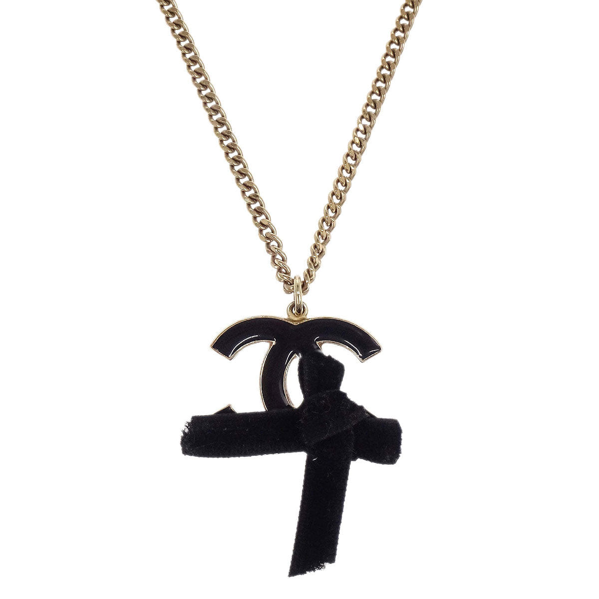 Chanel Gold Black CC Bow Pendant Necklace 07C