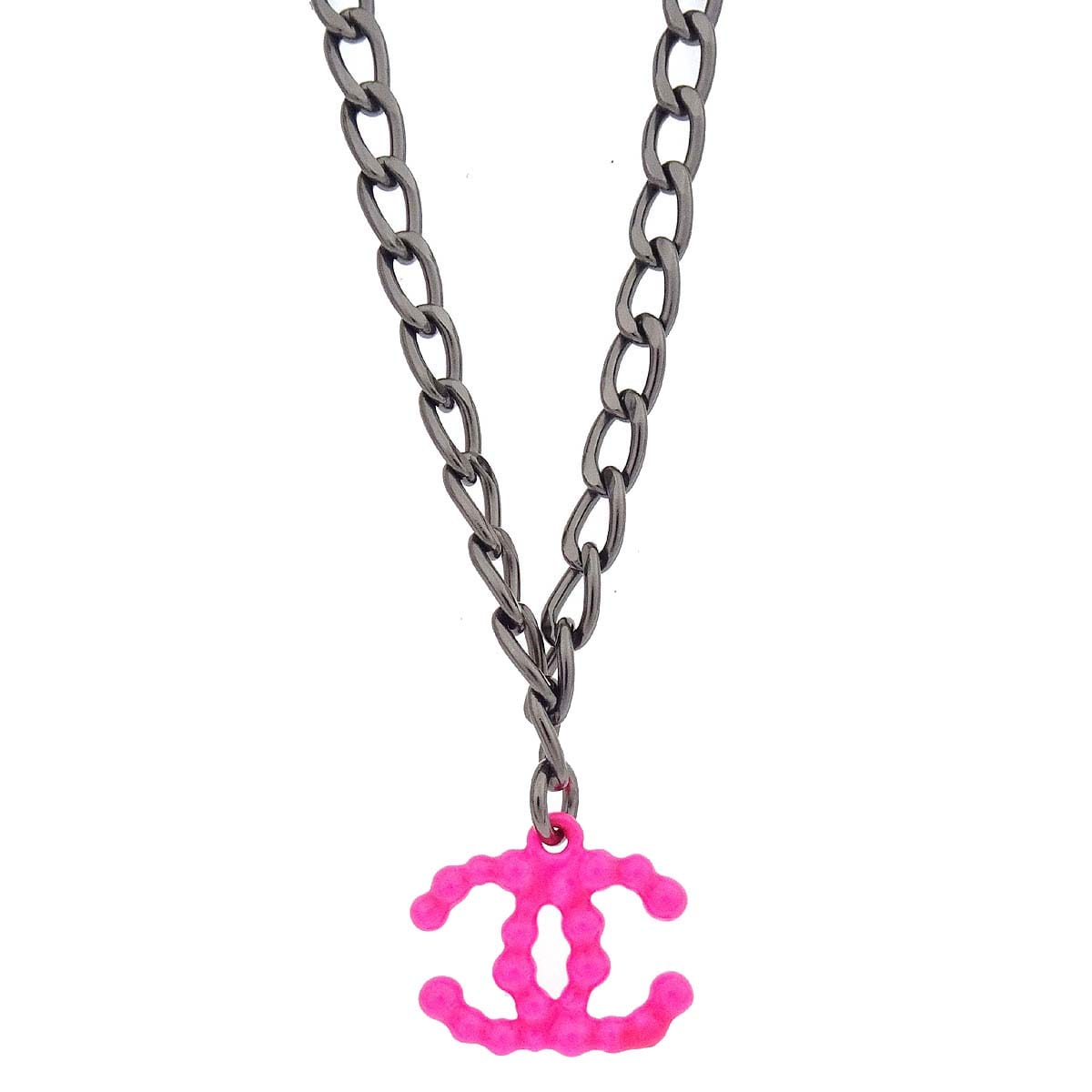 Chanel CC Chain Necklace Silver Pink 04A