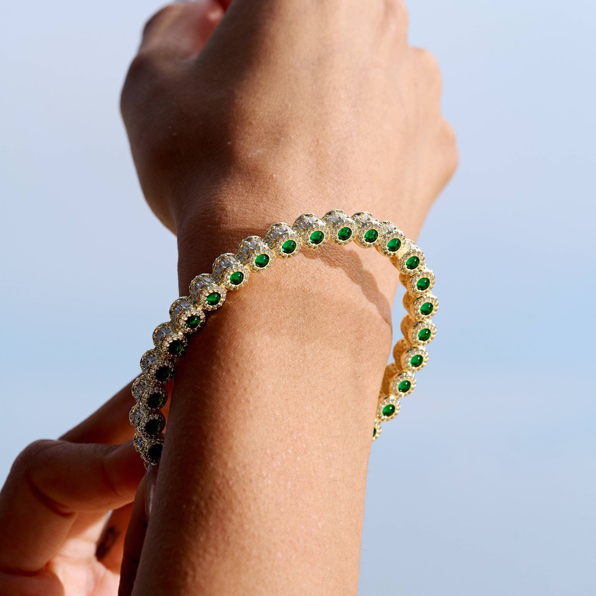 GLD Women Emerald Iced Multi Dimensional Bangle Bracelet in Yellow Gold