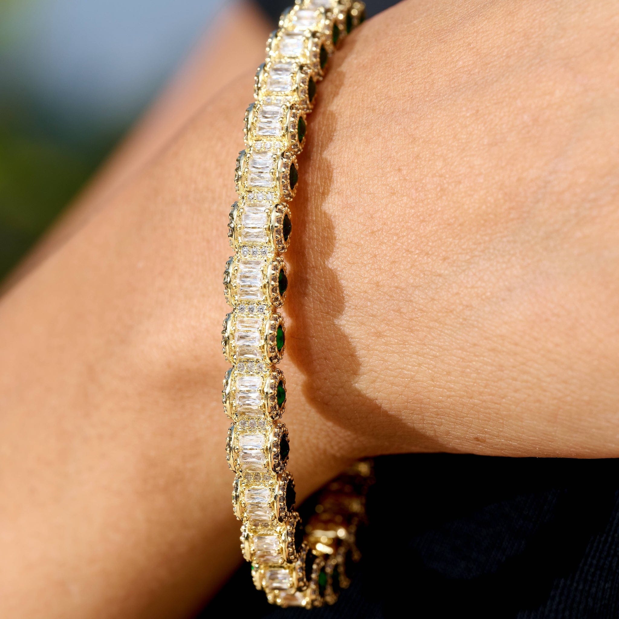 GLD Women Emerald Iced Multi Dimensional Bangle Bracelet in Yellow Gold