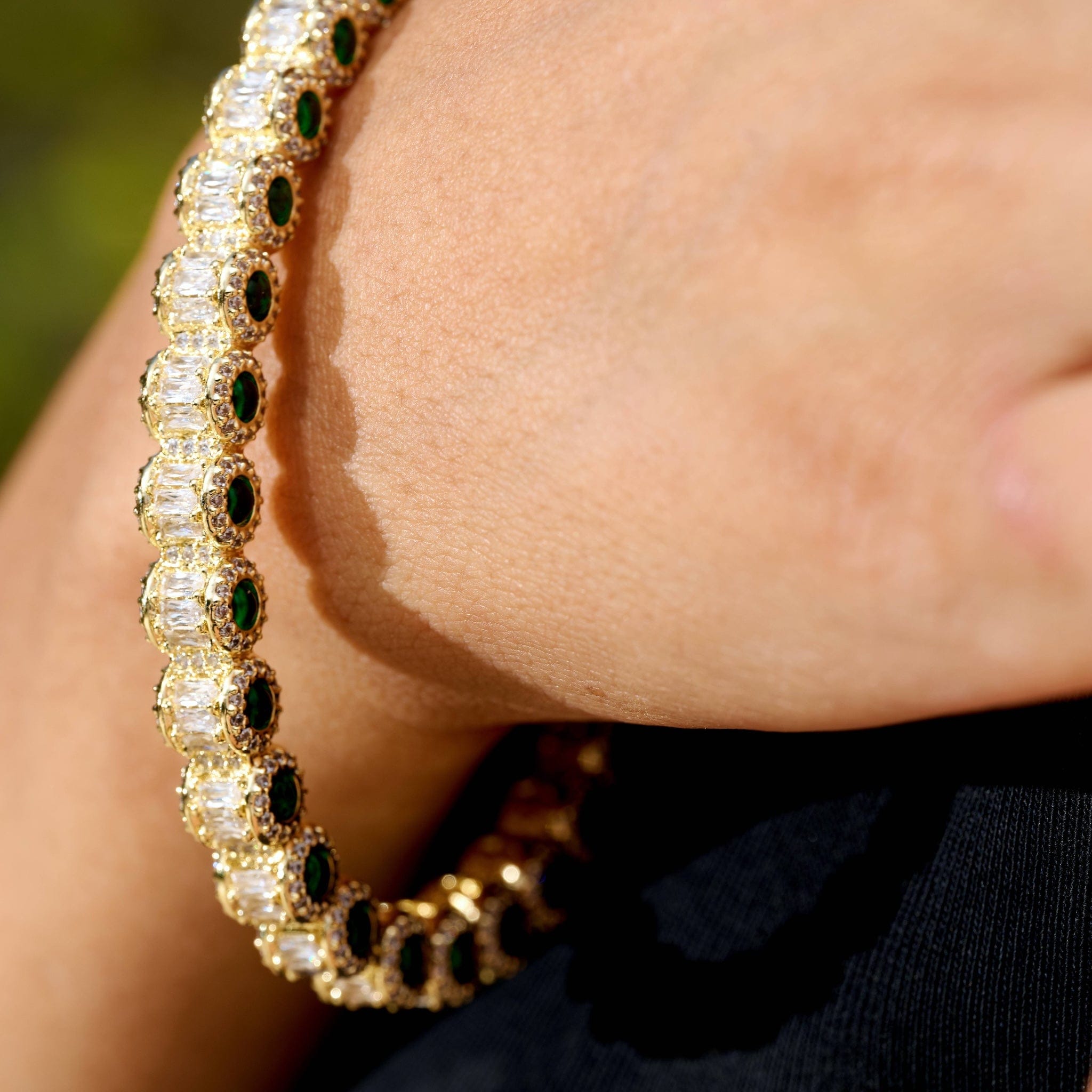 GLD Women Emerald Iced Multi Dimensional Bangle Bracelet in Yellow Gold