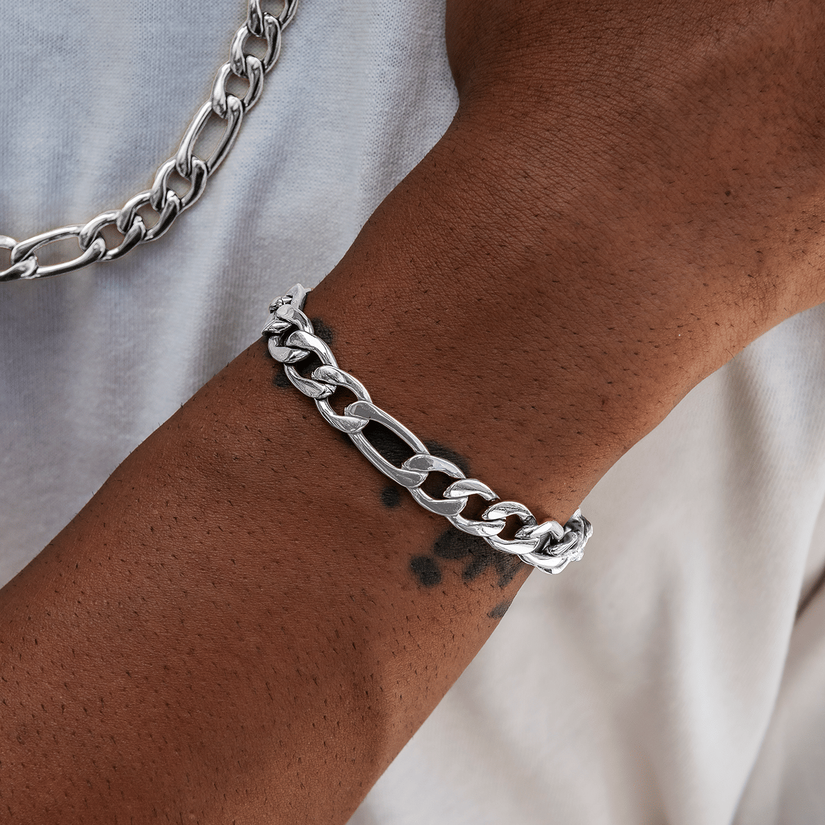GLD Promo Figaro Chain Bracelet in White Gold- 9mm