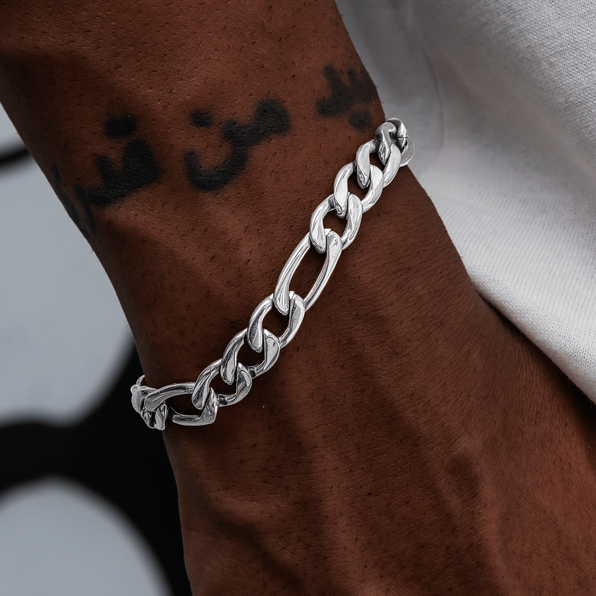 GLD Promo Figaro Chain Bracelet in White Gold- 9mm
